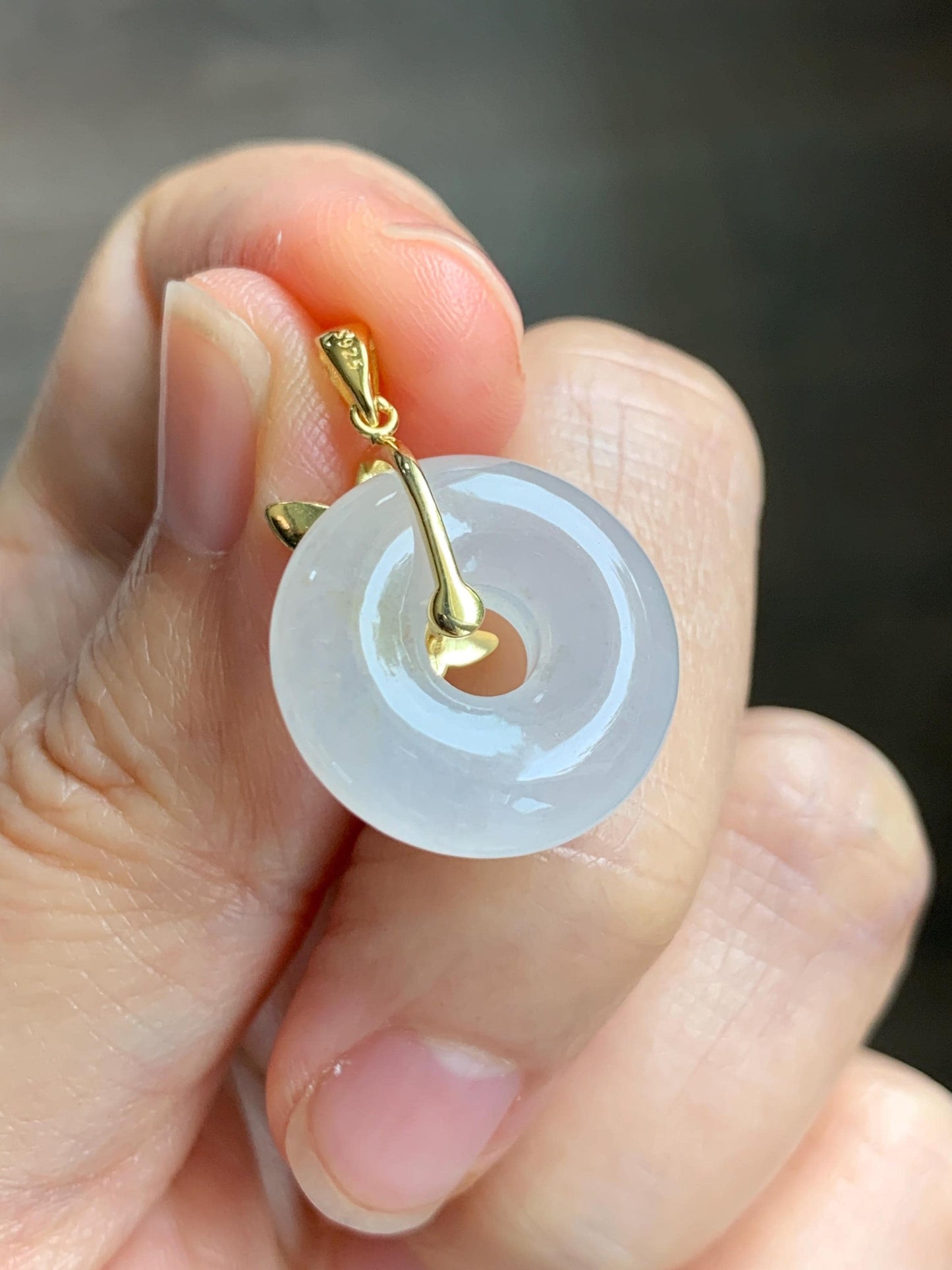 Grade A Natural Icy Highly Translucent White Beige Marbled Jade Jadeite Ping An Kou Donut Ring Pendant Sterling Silver 天然白冰胶翡翠平安扣吊坠 MBQ160J