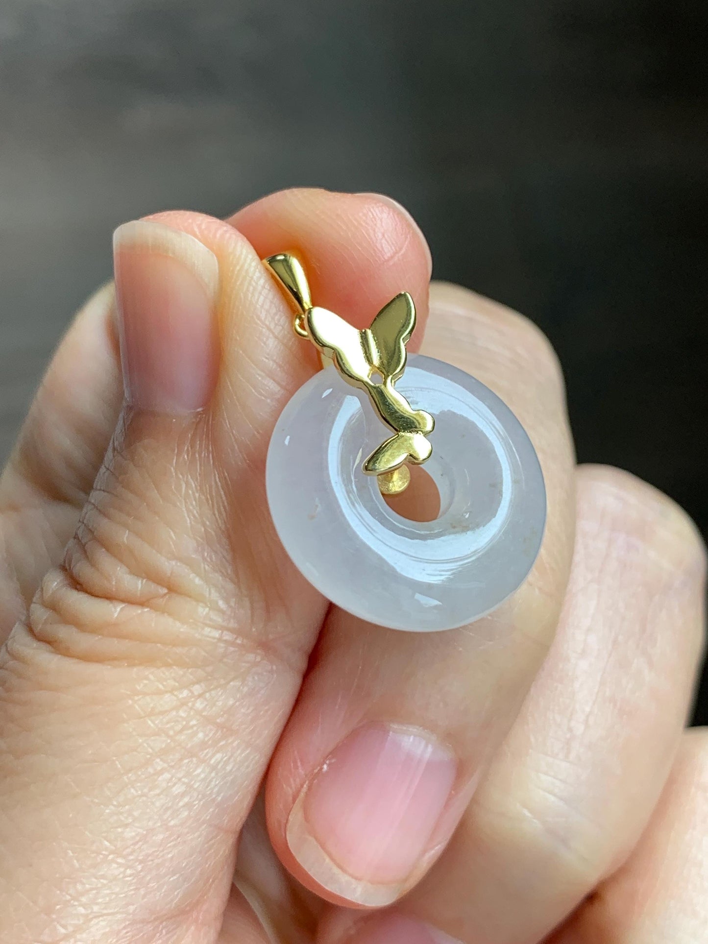Grade A Natural Icy Highly Translucent White Beige Marbled Jade Jadeite Ping An Kou Donut Ring Pendant Sterling Silver 天然白冰胶翡翠平安扣吊坠 MBQ160J