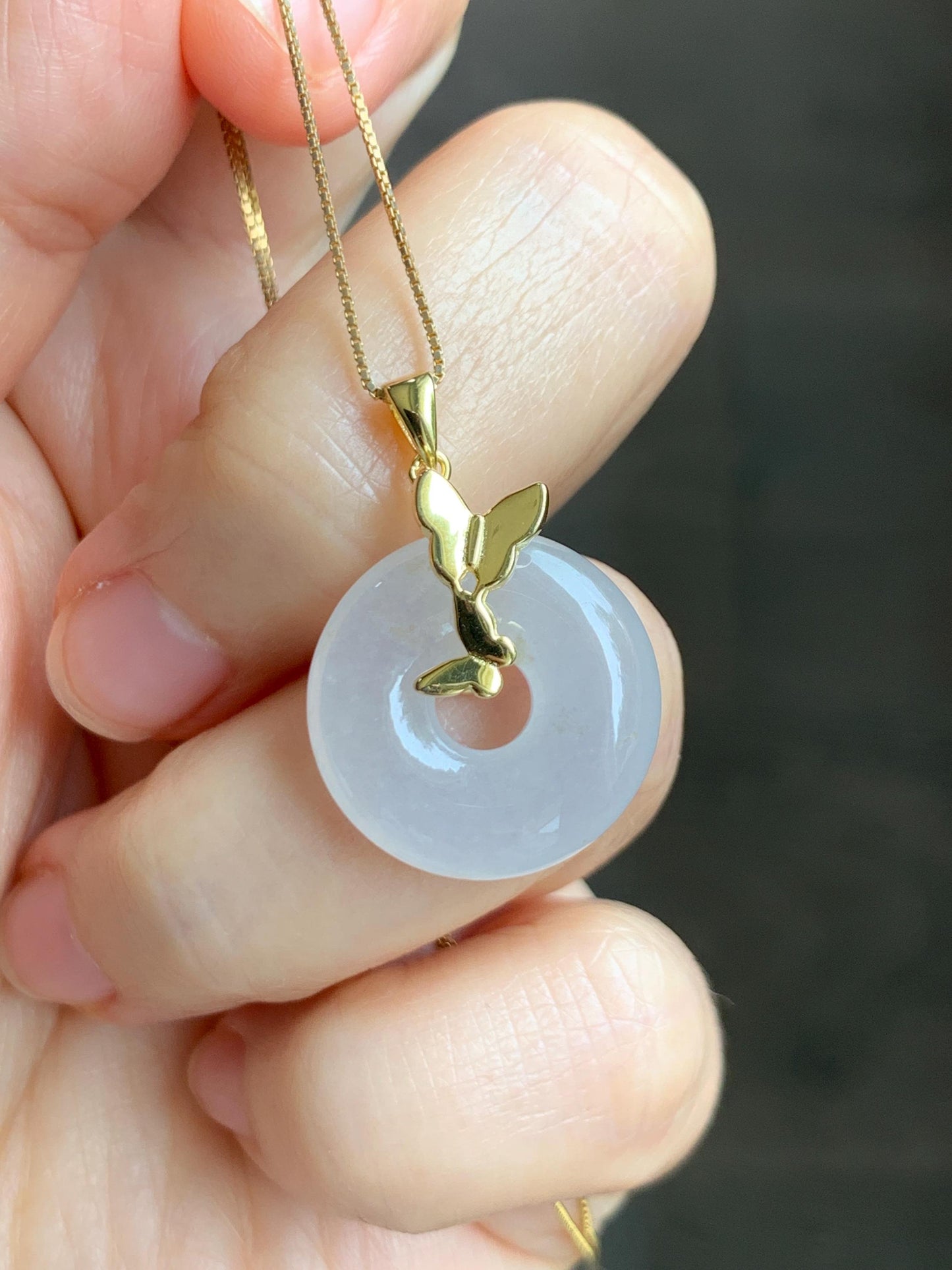 Grade A Natural Icy Highly Translucent White Beige Marbled Jade Jadeite Ping An Kou Donut Ring Pendant Sterling Silver 天然白冰胶翡翠平安扣吊坠 MBQ160J