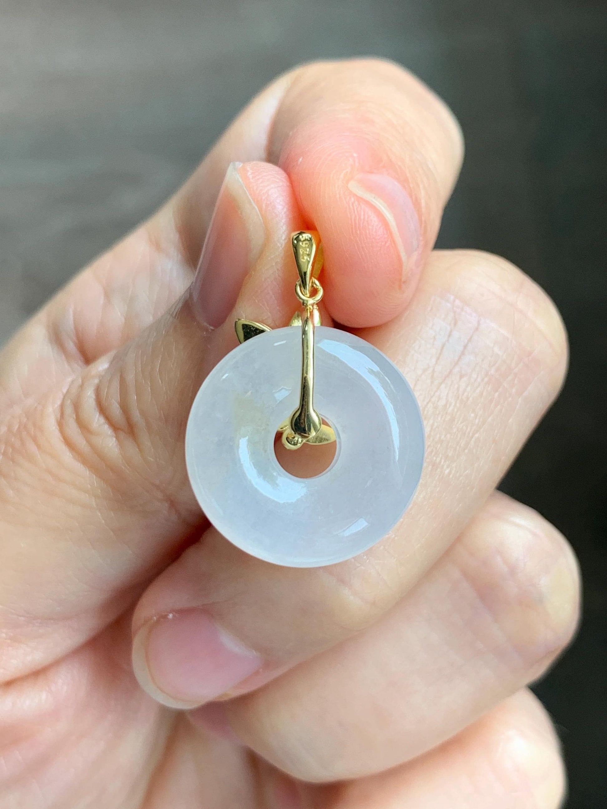 Grade A Natural Icy Highly Translucent White Beige Marbled Jade Jadeite Ping An Kou Donut Ring Pendant Sterling Silver 天然白冰胶翡翠平安扣吊坠 MBQ160J