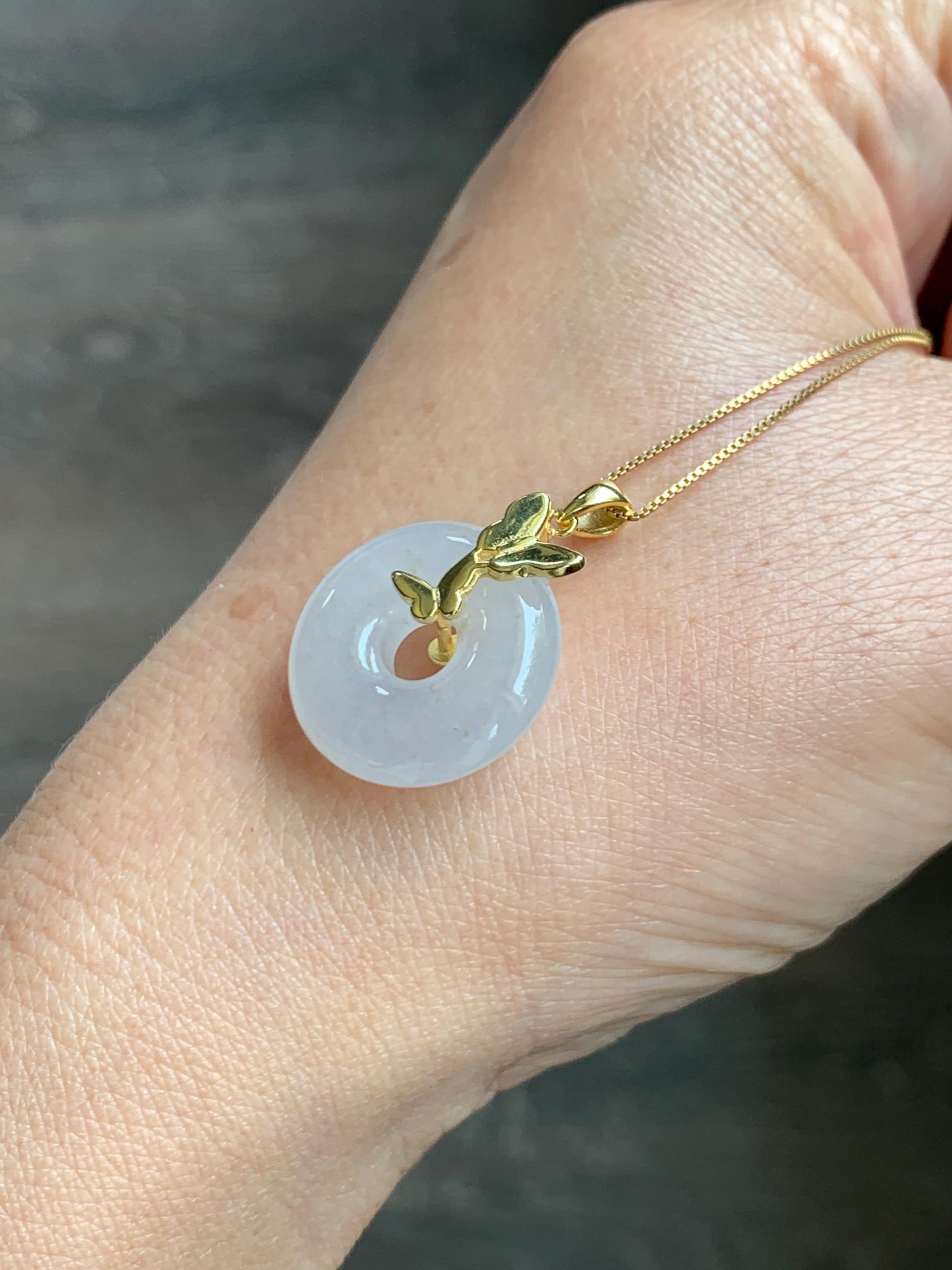 Grade A Natural Icy Highly Translucent White Beige Marbled Jade Jadeite Ping An Kou Donut Ring Pendant Sterling Silver 天然白冰胶翡翠平安扣吊坠 MBQ160J