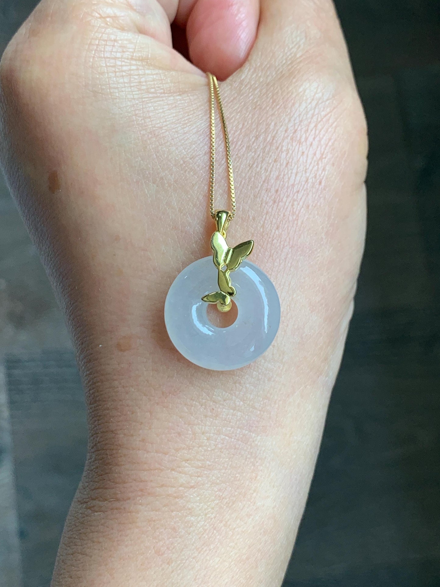 Grade A Natural Icy Highly Translucent White Beige Marbled Jade Jadeite Ping An Kou Donut Ring Pendant Sterling Silver 天然白冰胶翡翠平安扣吊坠 MBQ160J