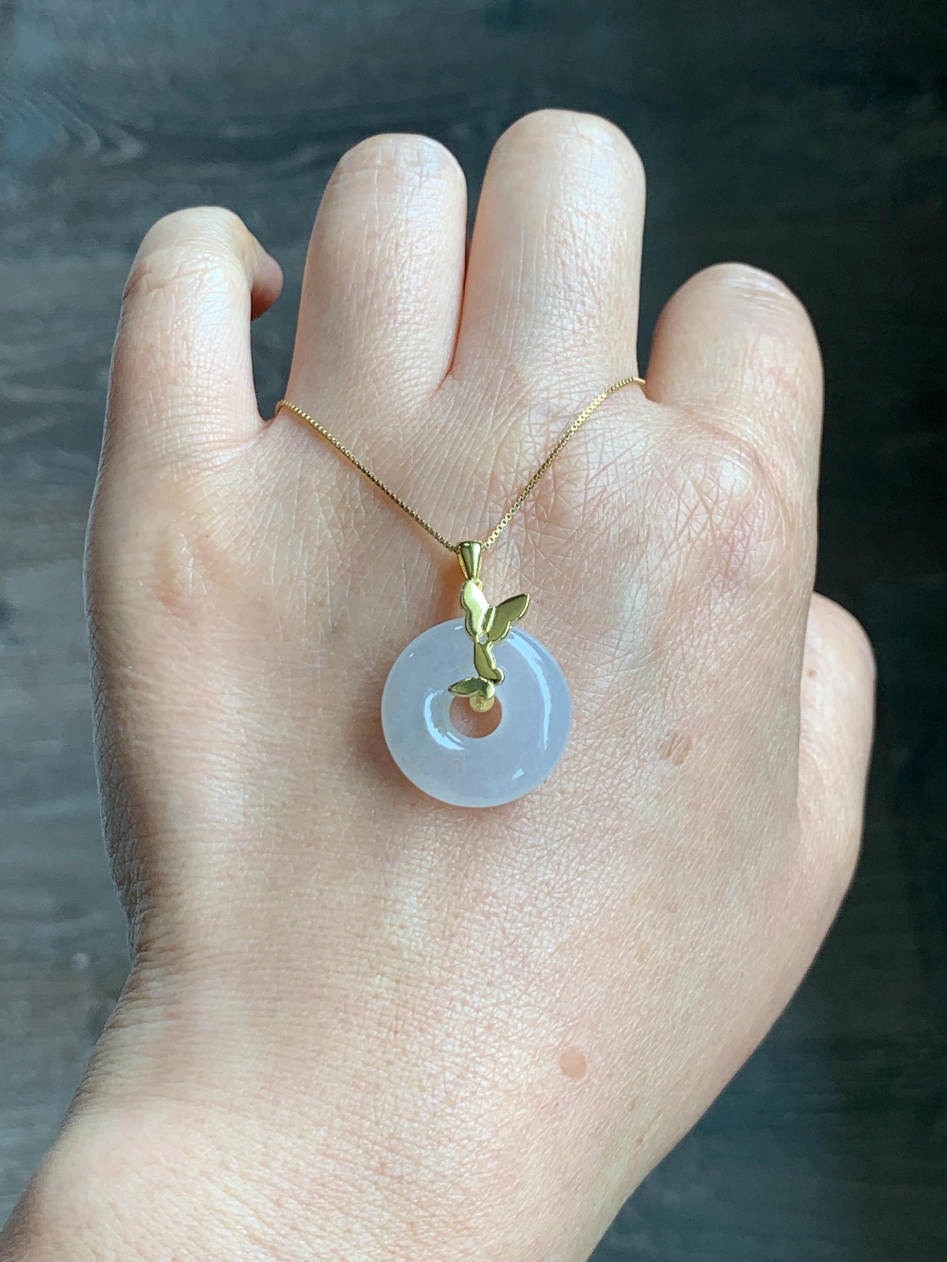 Grade A Natural Icy Highly Translucent White Beige Marbled Jade Jadeite Ping An Kou Donut Ring Pendant Sterling Silver 天然白冰胶翡翠平安扣吊坠 MBQ160J