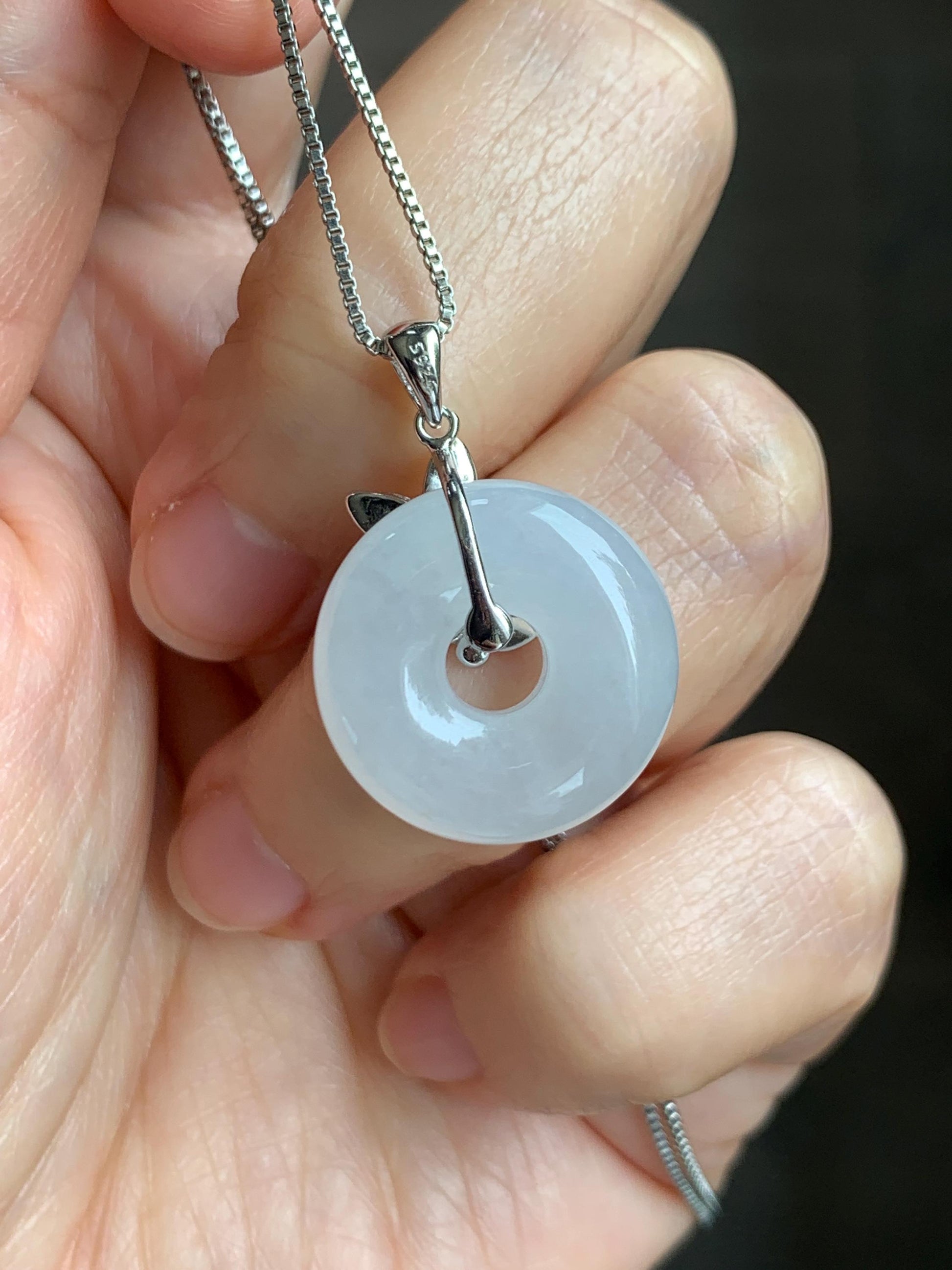 Grade A Natural Icy Highly Translucent White Jade Jadeite Ping An Kou Donut Ring Pendant Sterling Silver 天然白冰胶翡翠平安扣吊坠 MBQ160S