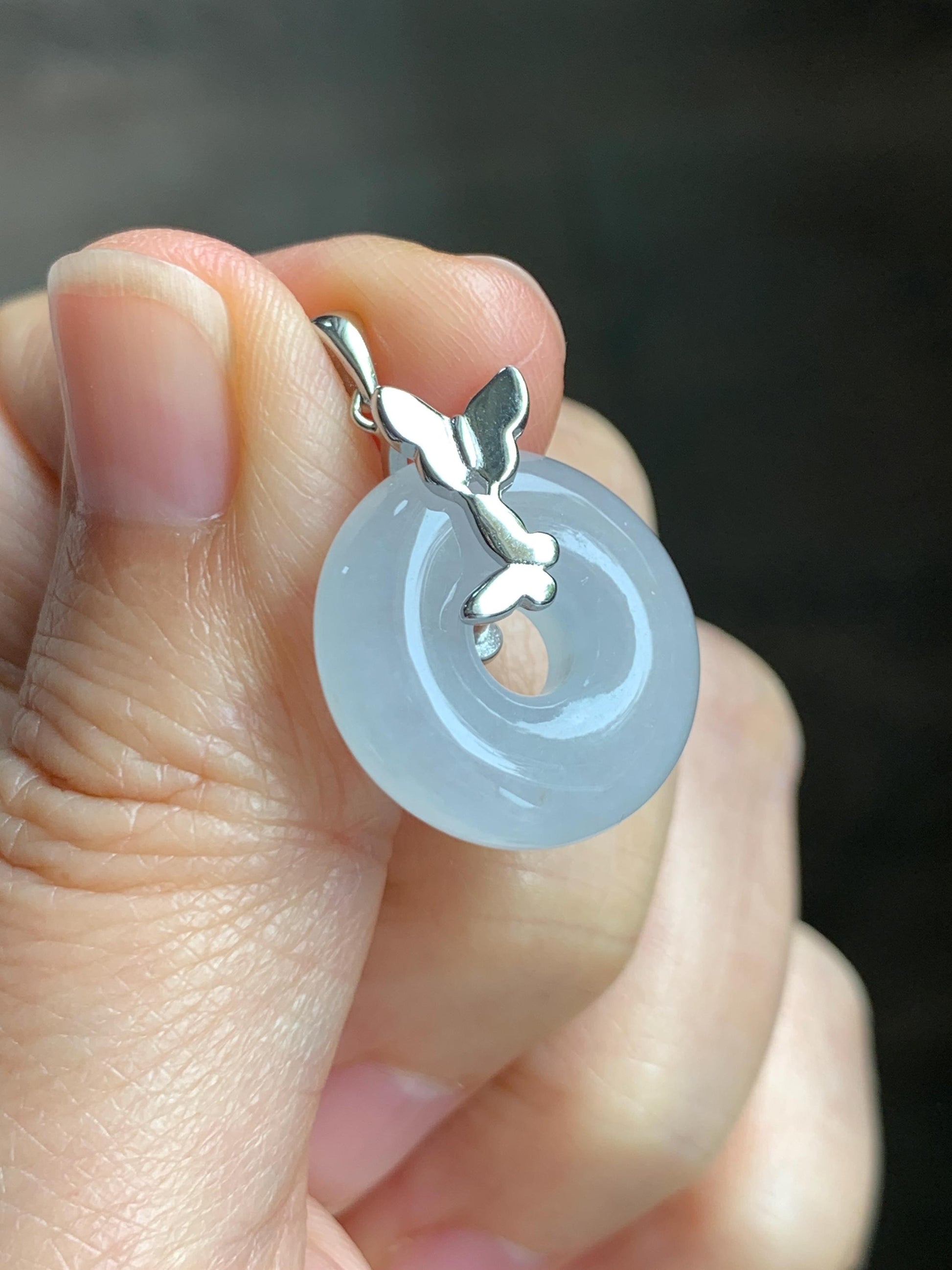 Grade A Natural Icy Highly Translucent White Jade Jadeite Ping An Kou Donut Ring Pendant Sterling Silver 天然白冰胶翡翠平安扣吊坠 MBQ160S