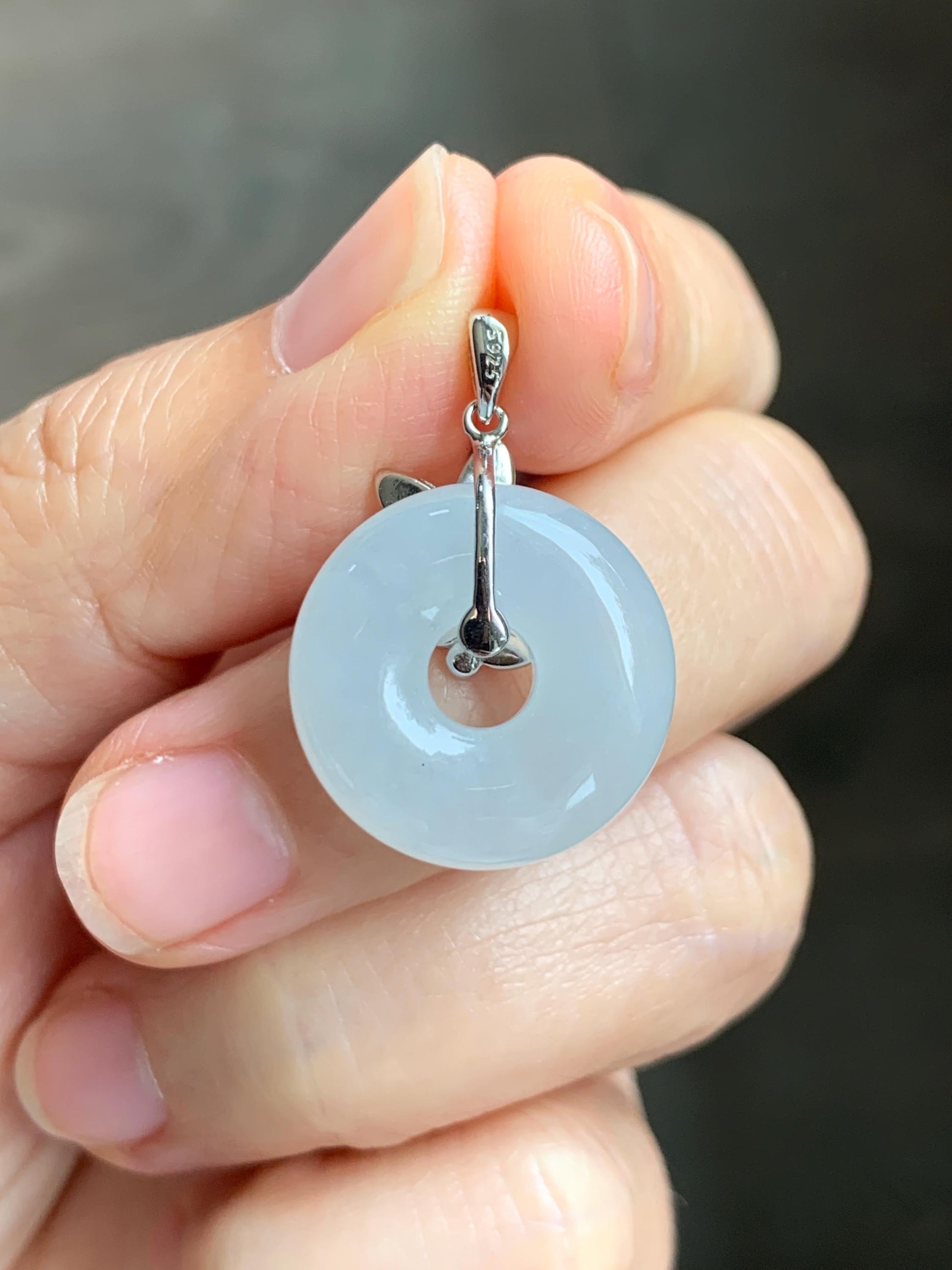 Grade A Natural Icy Highly Translucent White Jade Jadeite Ping An Kou Donut Ring Pendant Sterling Silver 天然白冰胶翡翠平安扣吊坠 MBQ160S