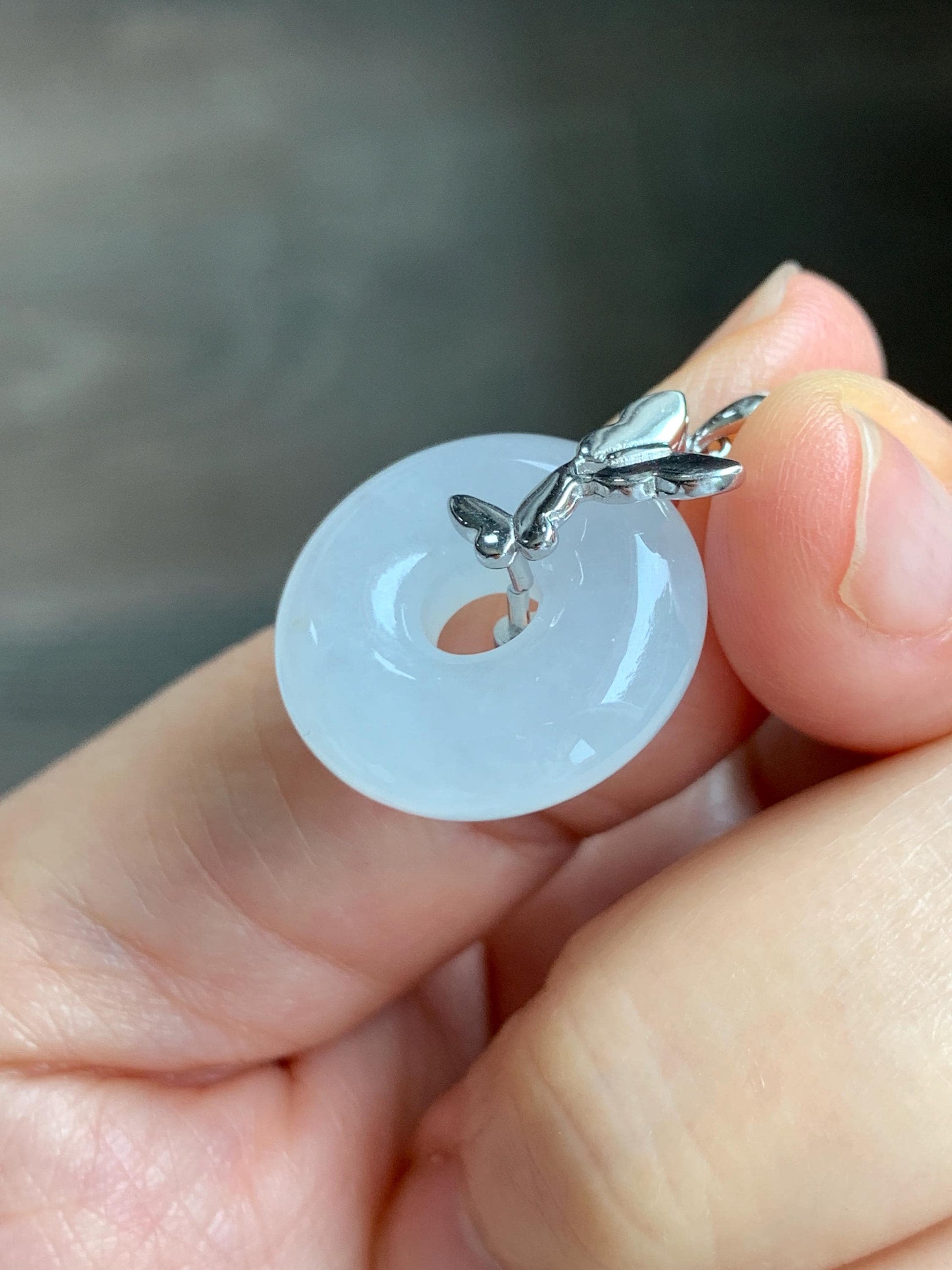 Grade A Natural Icy Highly Translucent White Jade Jadeite Ping An Kou Donut Ring Pendant Sterling Silver 天然白冰胶翡翠平安扣吊坠 MBQ160S