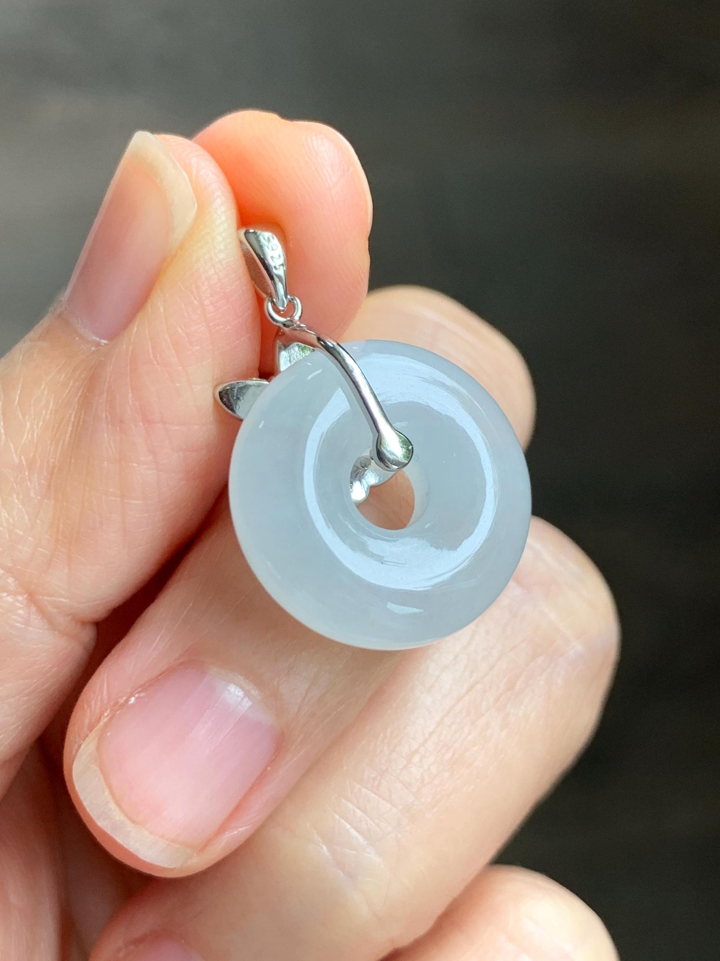 Grade A Natural Icy Highly Translucent White Jade Jadeite Ping An Kou Donut Ring Pendant Sterling Silver 天然白冰胶翡翠平安扣吊坠 MBQ160S