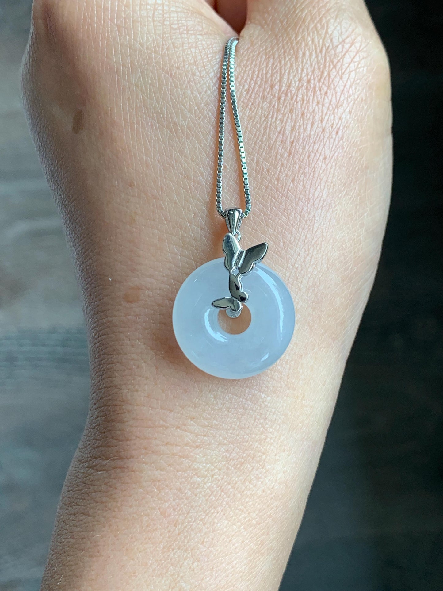 Grade A Natural Icy Highly Translucent White Jade Jadeite Ping An Kou Donut Ring Pendant Sterling Silver 天然白冰胶翡翠平安扣吊坠 MBQ160S