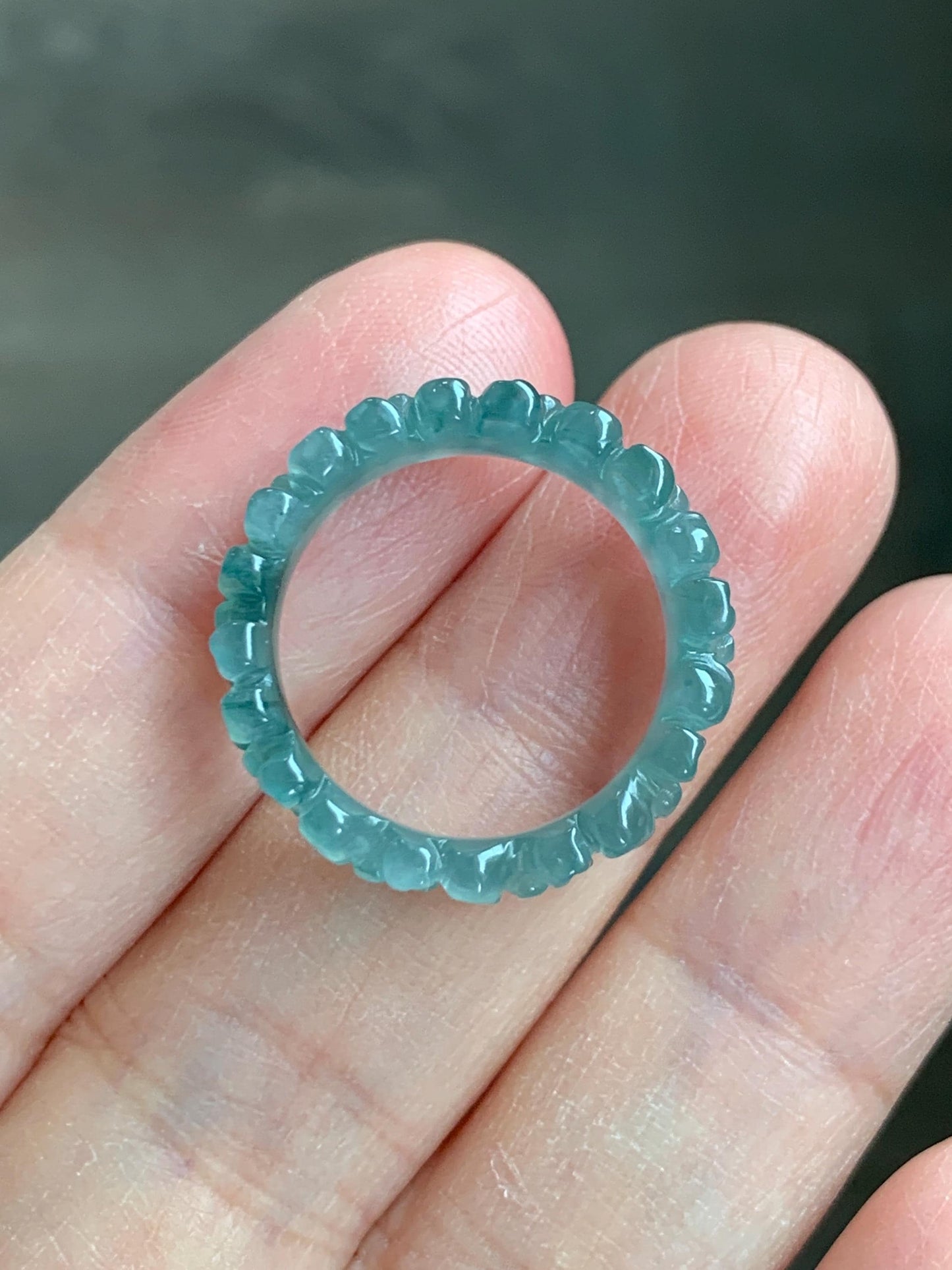 Grade A Natural Guatemalan Icy Translucent Teal Blue Jade Jadeite Carved Cherry Blossom Band Ring Size 6.25 US 天然冰胶危蓝翡翠梅花戒圈 WMH330A