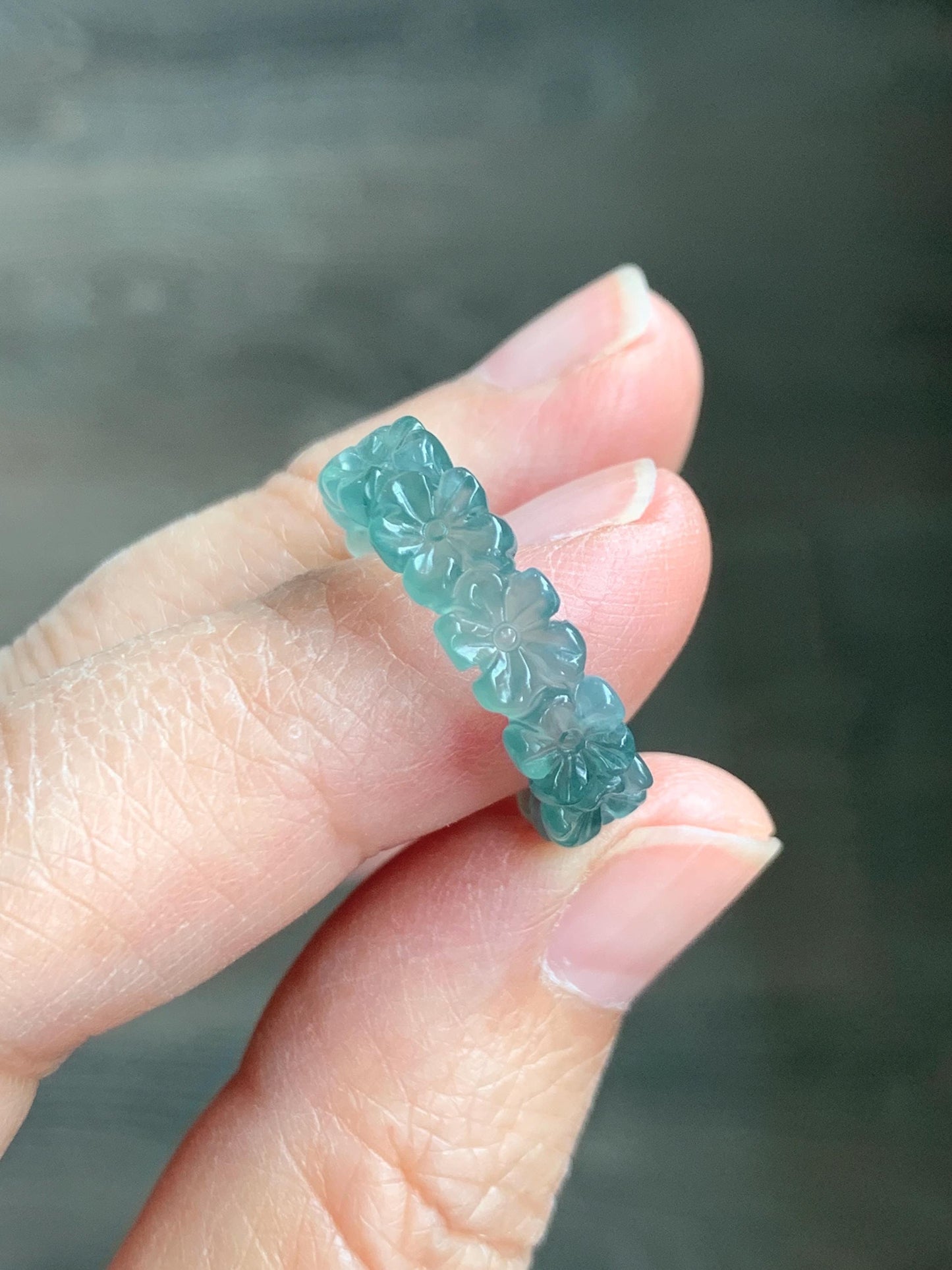 Grade A Natural Guatemalan Icy Translucent Teal Blue Jade Jadeite Carved Cherry Blossom Band Ring Size 6.25 US 天然冰胶危蓝翡翠梅花戒圈 WMH330A