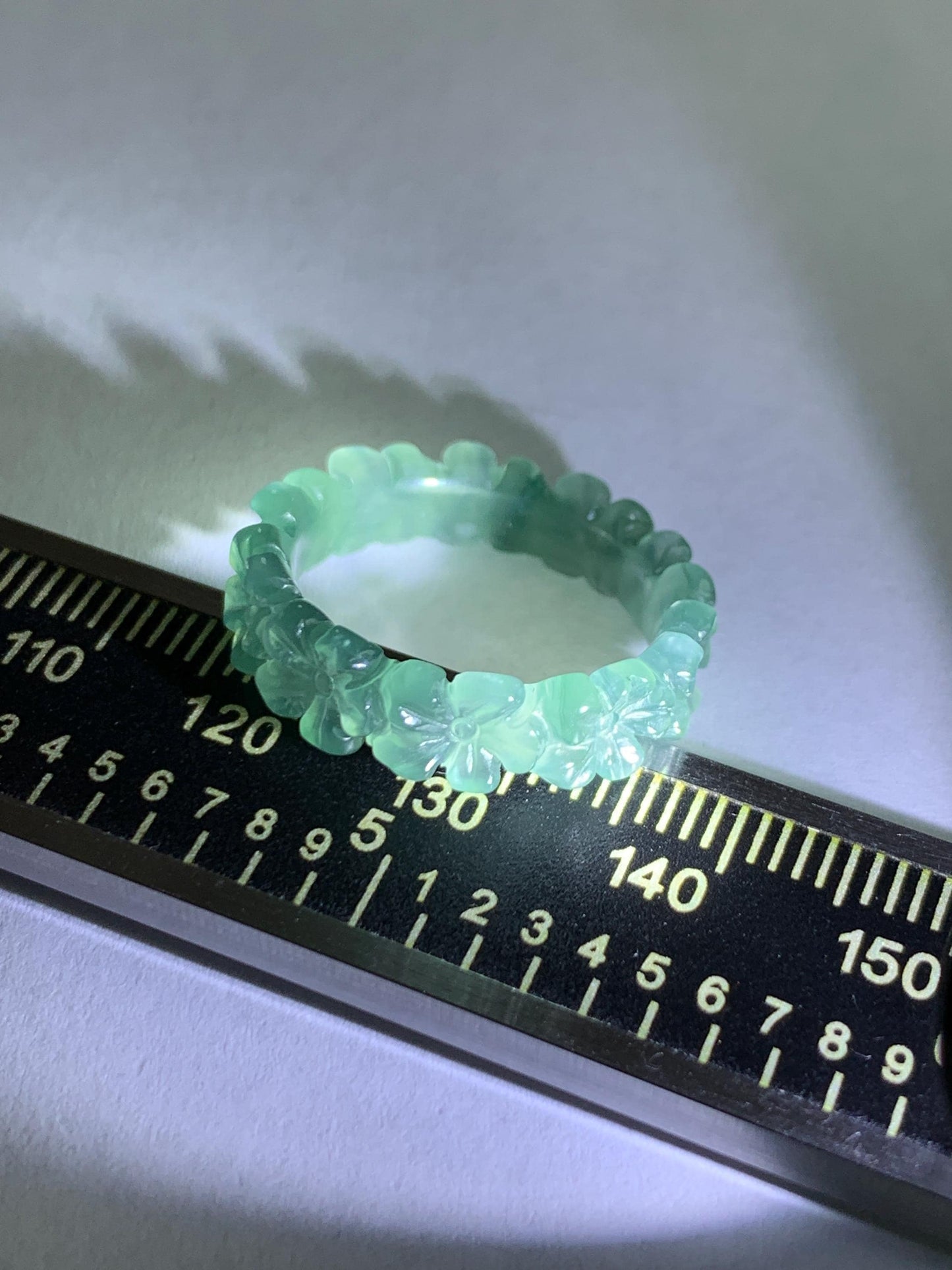 Grade A Natural Guatemalan Icy Translucent Teal Blue Jade Jadeite Carved Cherry Blossom Band Ring Size 6.25 US 天然冰胶危蓝翡翠梅花戒圈 WMH330A
