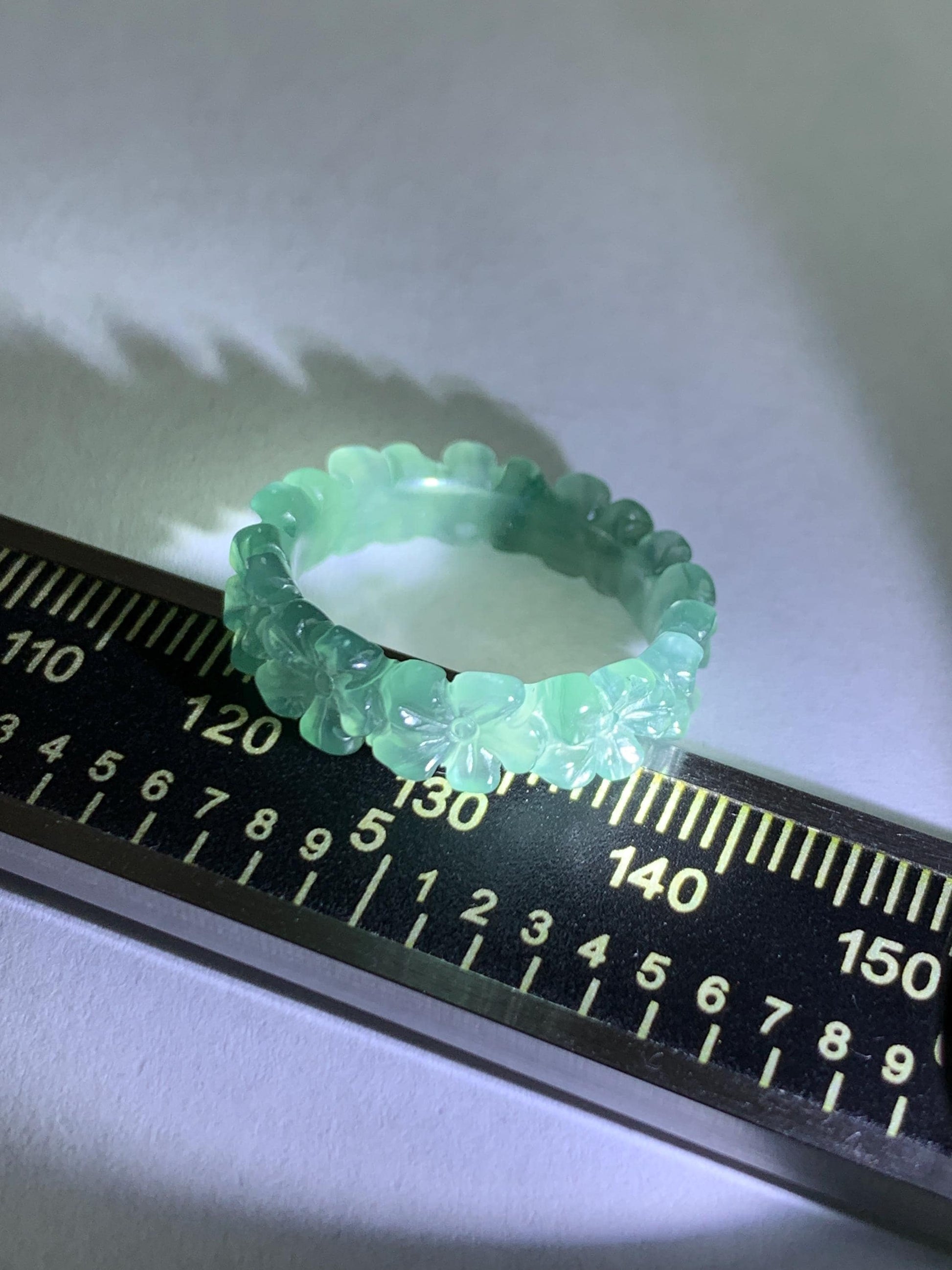 Grade A Natural Guatemalan Icy Translucent Teal Blue Jade Jadeite Carved Cherry Blossom Band Ring Size 6.25 US 天然冰胶危蓝翡翠梅花戒圈 WMH330A