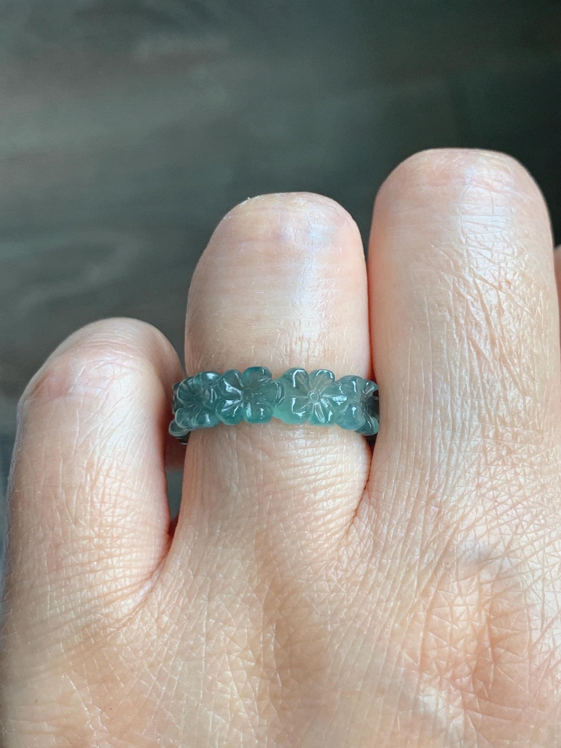 Grade A Natural Guatemalan Icy Translucent Teal Blue Jade Jadeite Carved Cherry Blossom Band Ring Size 6.25 US 天然冰胶危蓝翡翠梅花戒圈 WMH330A