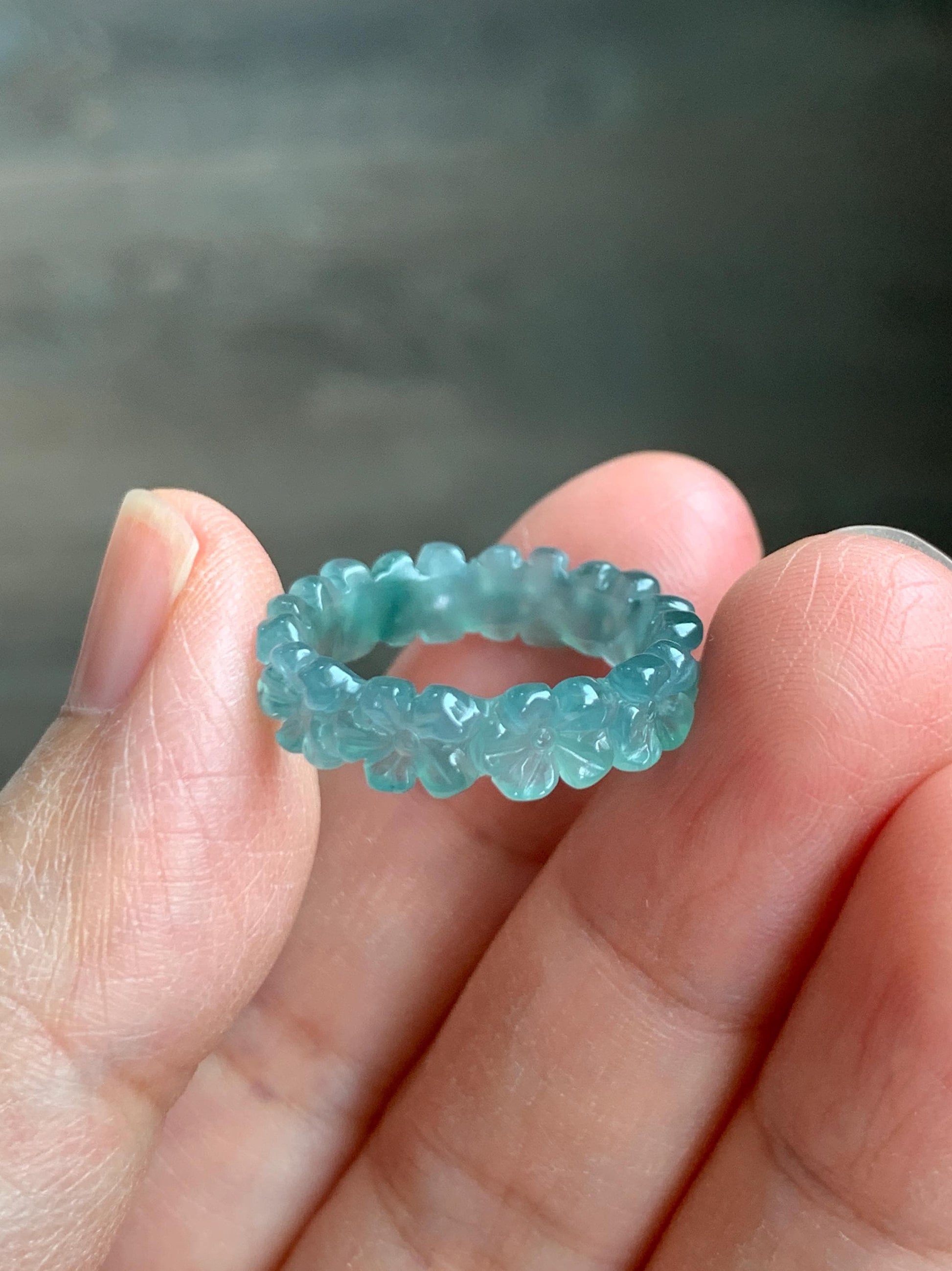 Grade A Natural Guatemalan Icy Translucent Teal Blue Jade Jadeite Carved Cherry Blossom Band Ring Size 6.25 US 天然冰胶危蓝翡翠梅花戒圈 WMH330A