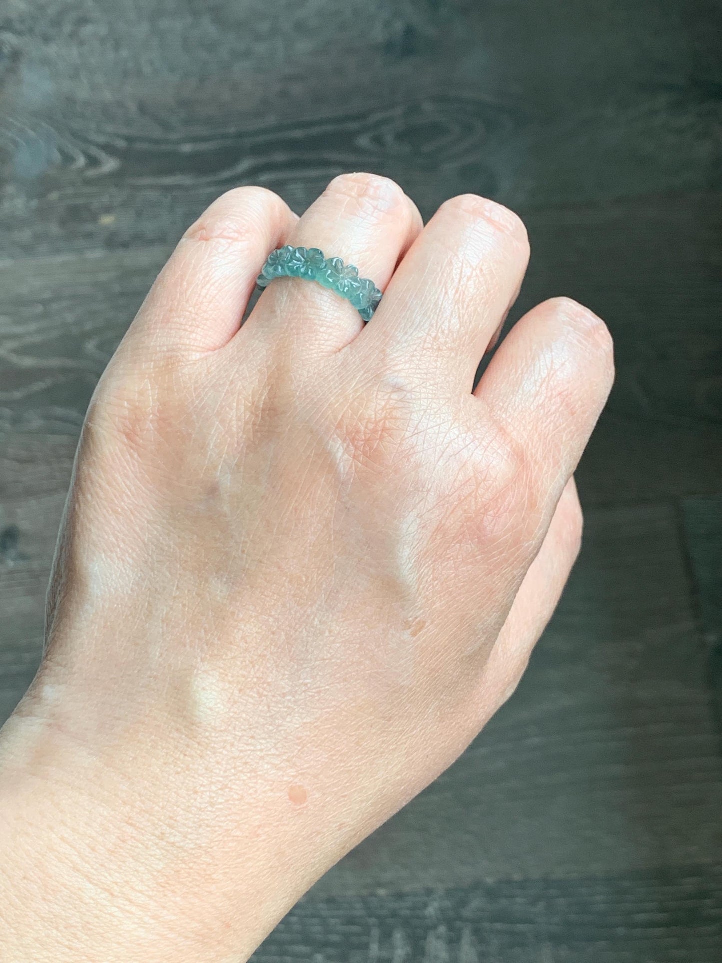 Grade A Natural Guatemalan Icy Translucent Teal Blue Jade Jadeite Carved Cherry Blossom Band Ring Size 6.25 US 天然冰胶危蓝翡翠梅花戒圈 WMH330A