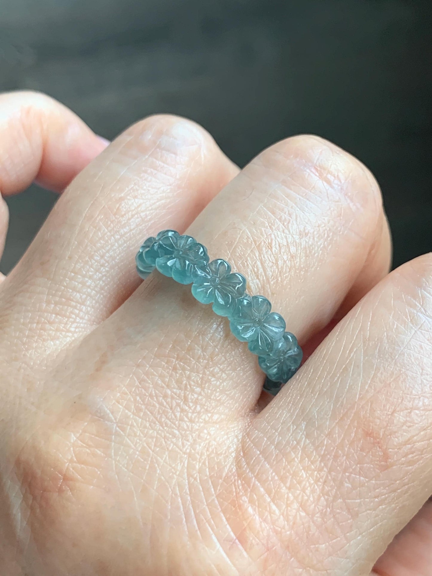 Grade A Natural Guatemalan Icy Translucent Teal Blue Jade Jadeite Carved Cherry Blossom Band Ring Size 9.25 US 天然冰胶危蓝翡翠梅花戒圈 WMH330B