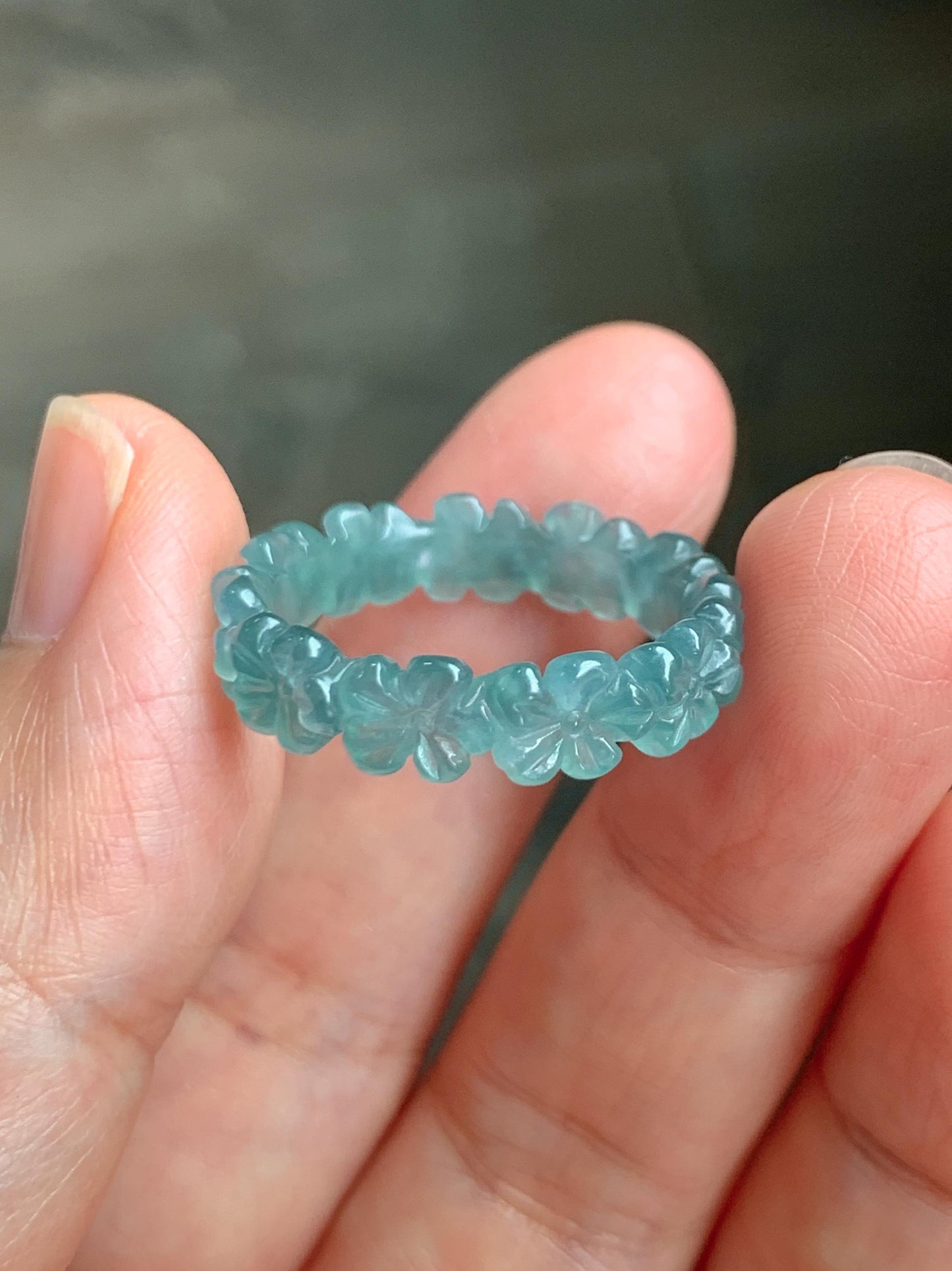 Grade A Natural Guatemalan Icy Translucent Teal Blue Jade Jadeite Carved Cherry Blossom Band Ring Size 9.25 US 天然冰胶危蓝翡翠梅花戒圈 WMH330B