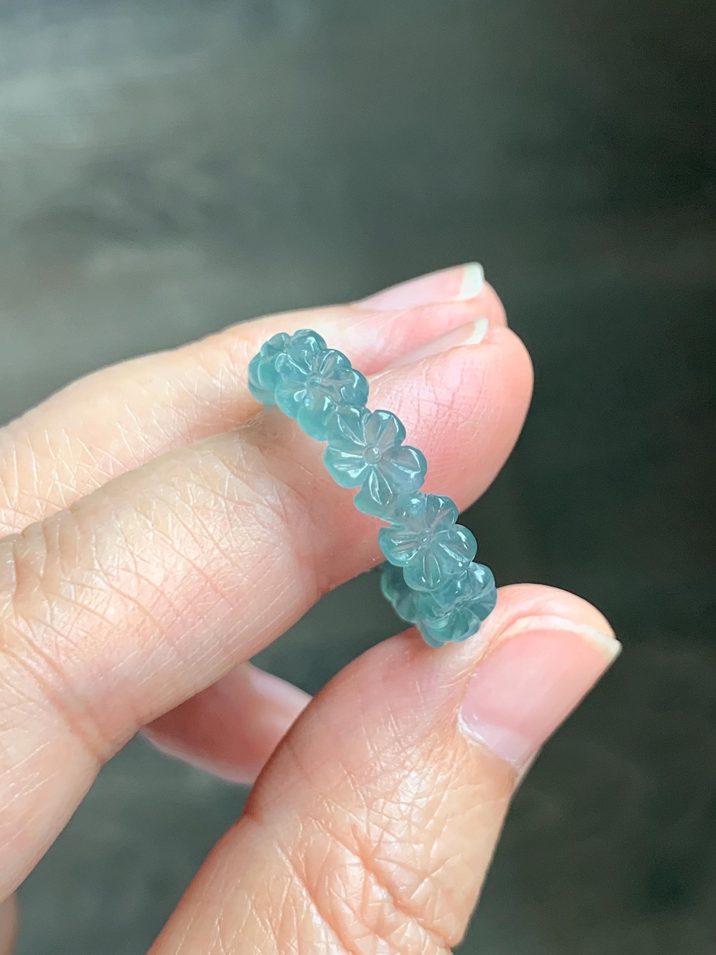 Grade A Natural Guatemalan Icy Translucent Teal Blue Jade Jadeite Carved Cherry Blossom Band Ring Size 9.25 US 天然冰胶危蓝翡翠梅花戒圈 WMH330B