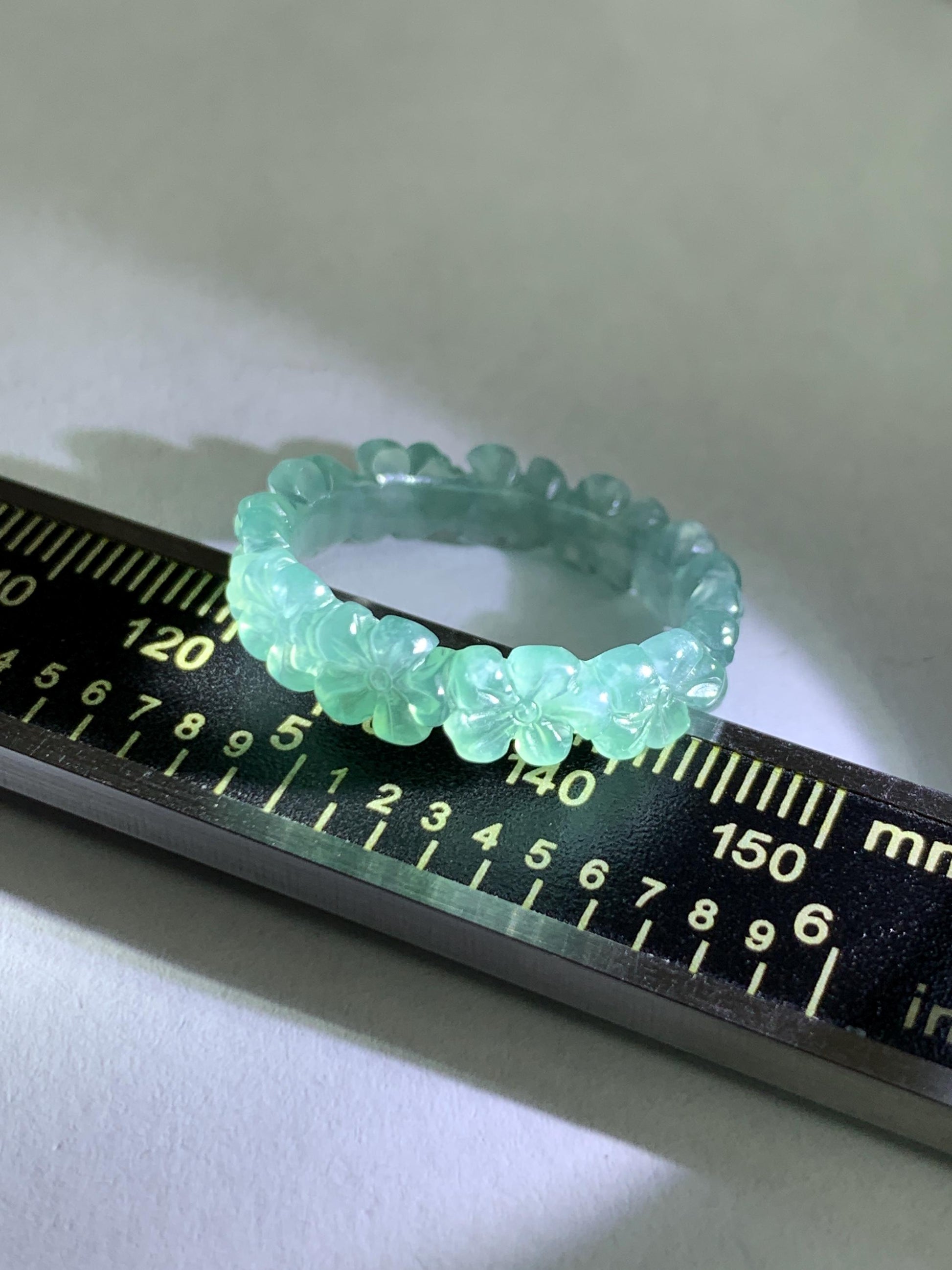 Grade A Natural Guatemalan Icy Translucent Teal Blue Jade Jadeite Carved Cherry Blossom Band Ring Size 9.25 US 天然冰胶危蓝翡翠梅花戒圈 WMH330B