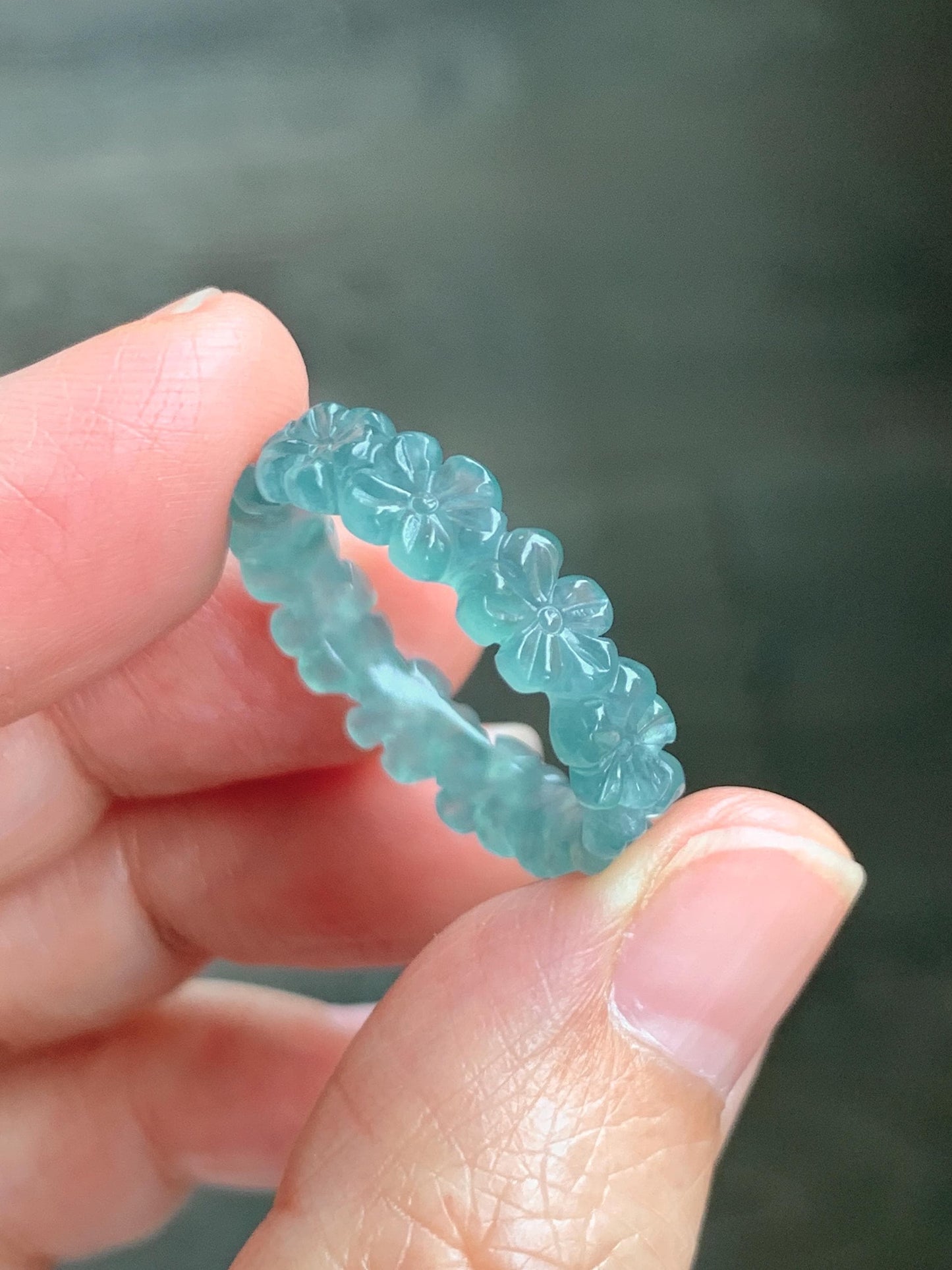 Grade A Natural Guatemalan Icy Translucent Teal Blue Jade Jadeite Carved Cherry Blossom Band Ring Size 9.25 US 天然冰胶危蓝翡翠梅花戒圈 WMH330B