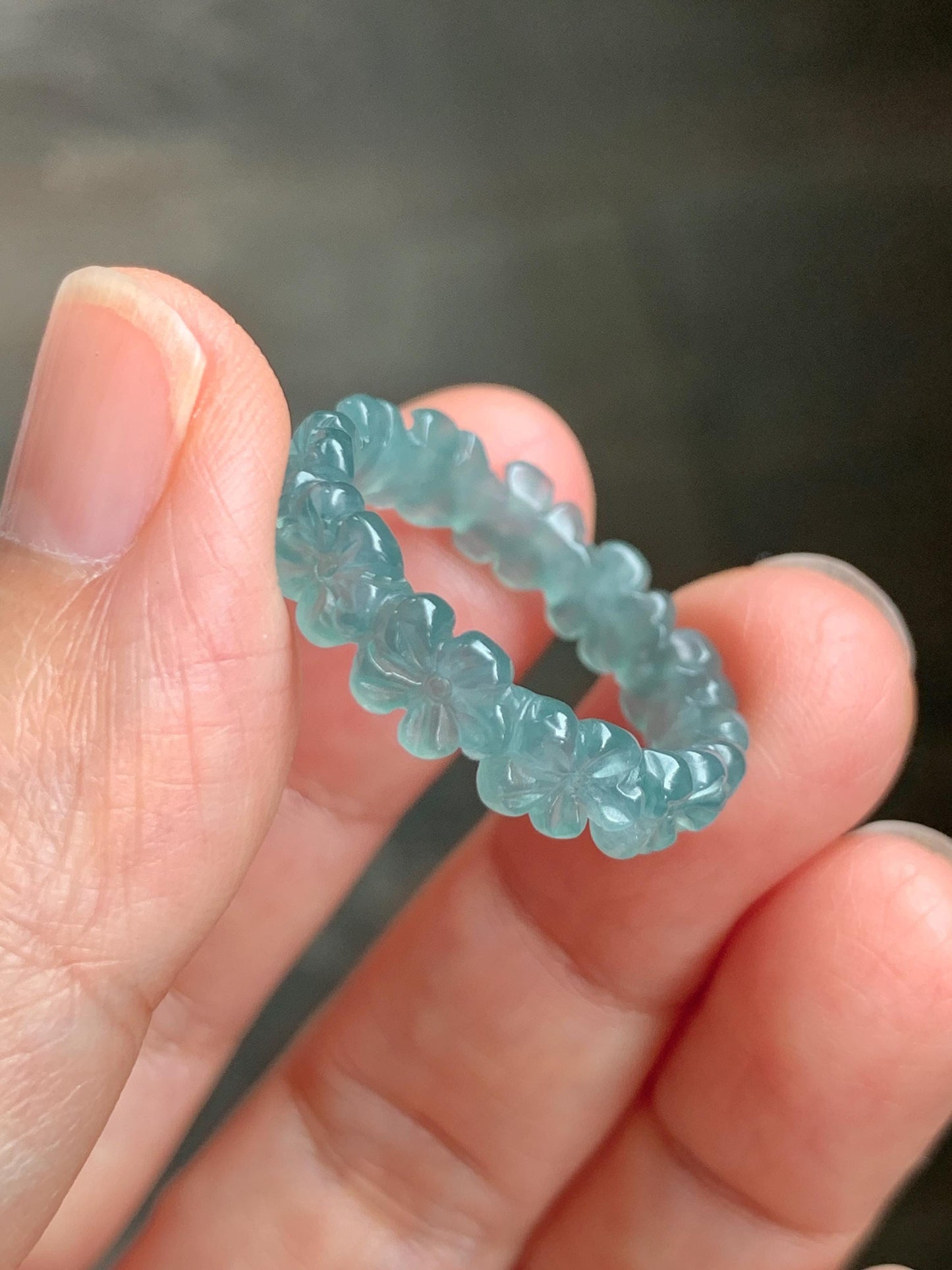 Grade A Natural Guatemalan Icy Translucent Teal Blue Jade Jadeite Carved Cherry Blossom Band Ring Size 9.25 US 天然冰胶危蓝翡翠梅花戒圈 WMH330B