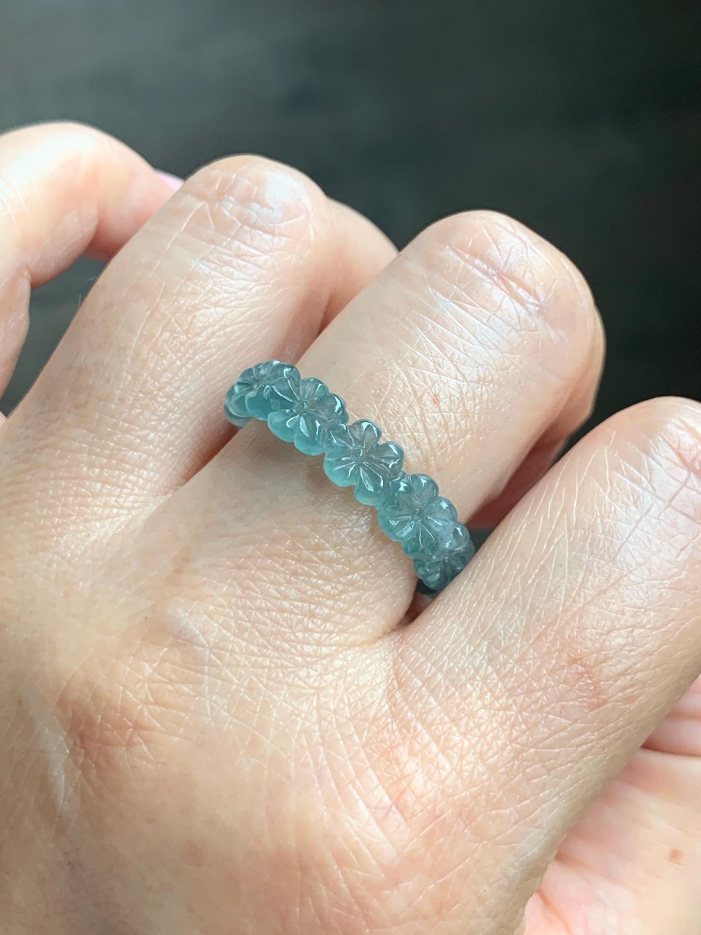Grade A Natural Guatemalan Icy Translucent Teal Blue Jade Jadeite Carved Cherry Blossom Band Ring Size 9.25 US 天然冰胶危蓝翡翠梅花戒圈 WMH330B