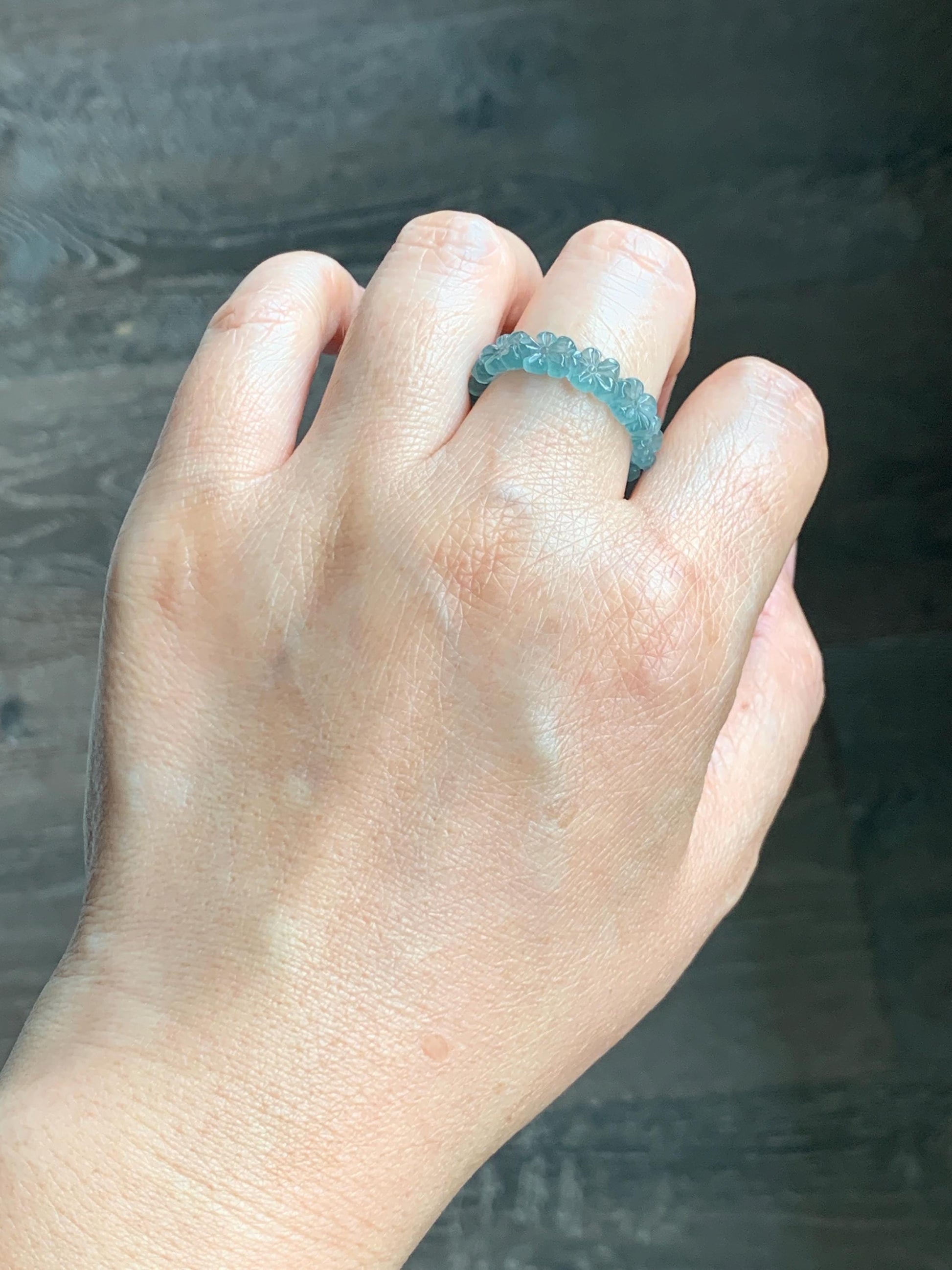 Grade A Natural Guatemalan Icy Translucent Teal Blue Jade Jadeite Carved Cherry Blossom Band Ring Size 9.25 US 天然冰胶危蓝翡翠梅花戒圈 WMH330B
