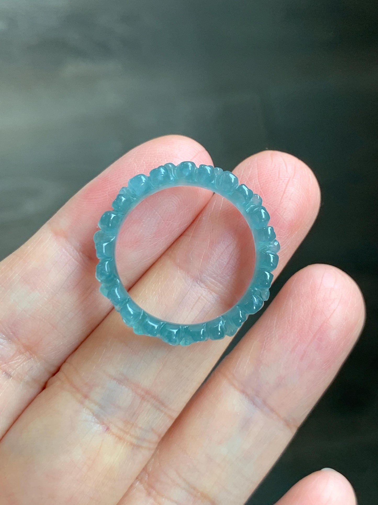 Grade A Natural Guatemalan Icy Translucent Teal Blue Jade Jadeite Carved Cherry Blossom Band Ring Size 9.25 US 天然冰胶危蓝翡翠梅花戒圈 WMH330B