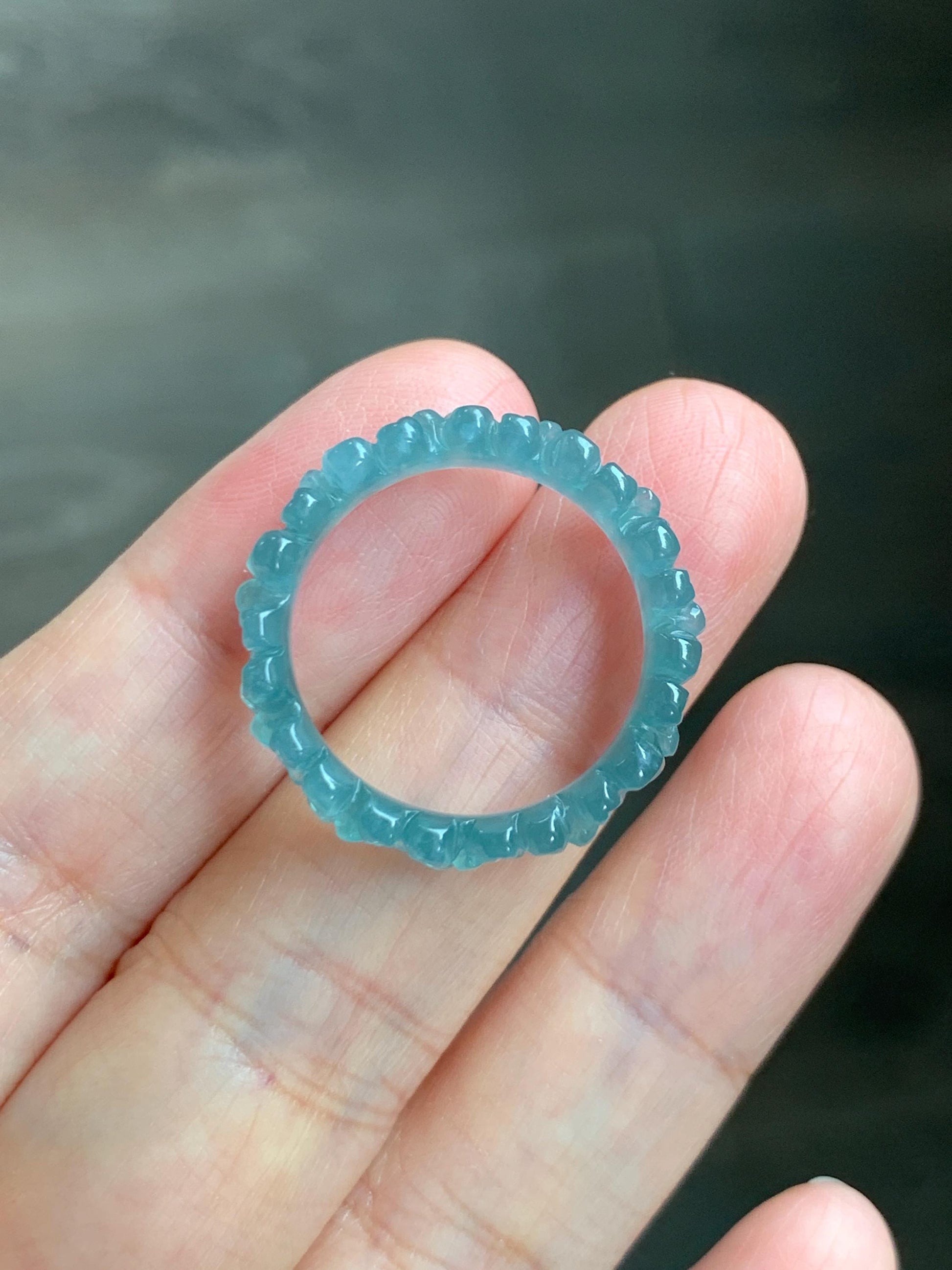 Grade A Natural Guatemalan Icy Translucent Teal Blue Jade Jadeite Carved Cherry Blossom Band Ring Size 9.25 US 天然冰胶危蓝翡翠梅花戒圈 WMH330B