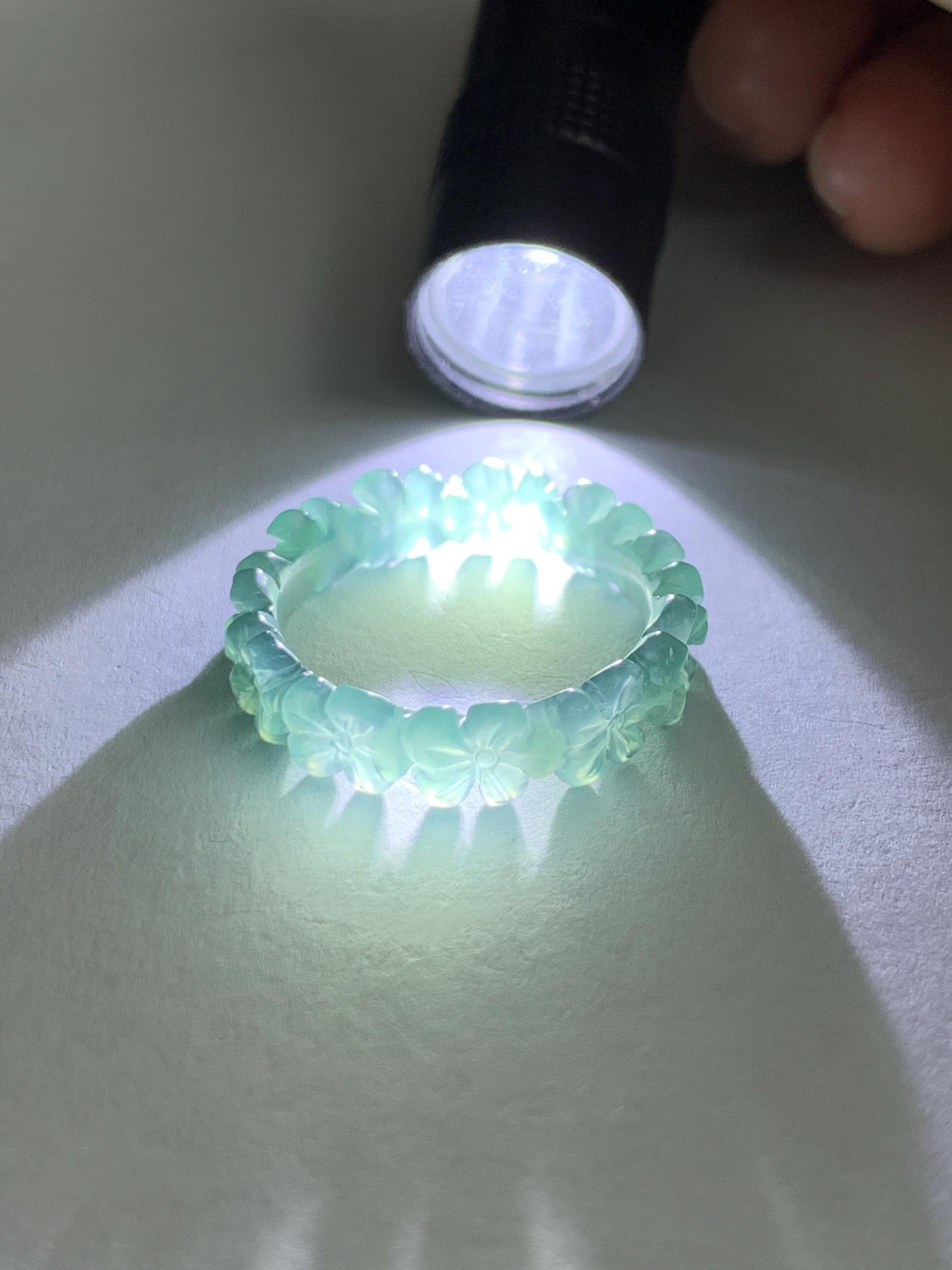 Grade A Natural Guatemalan Icy Translucent Teal Blue Jade Jadeite Carved Cherry Blossom Band Ring Size 9.25 US 天然冰胶危蓝翡翠梅花戒圈 WMH330B
