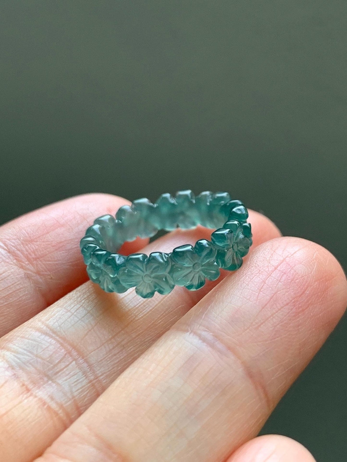 Grade A Natural Guatemalan Icy Translucent Dark Teal Green Jade Jadeite Carved Cherry Blossom Band Ring Size 5.5 US 天然冰胶危蓝绿翡翠梅花戒圈 WMH330C