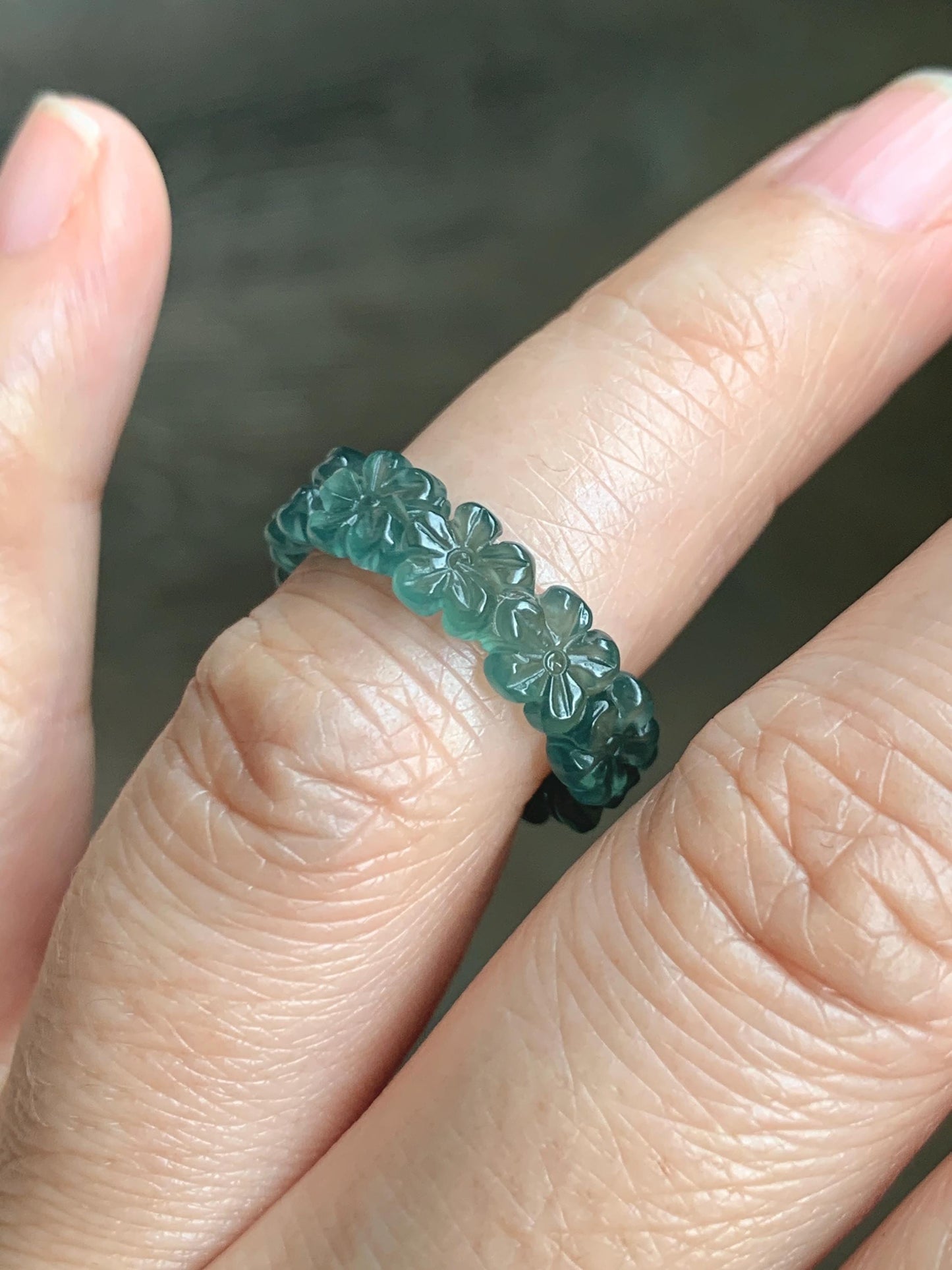 Grade A Natural Guatemalan Icy Translucent Dark Teal Green Jade Jadeite Carved Cherry Blossom Band Ring Size 5.5 US 天然冰胶危蓝绿翡翠梅花戒圈 WMH330C