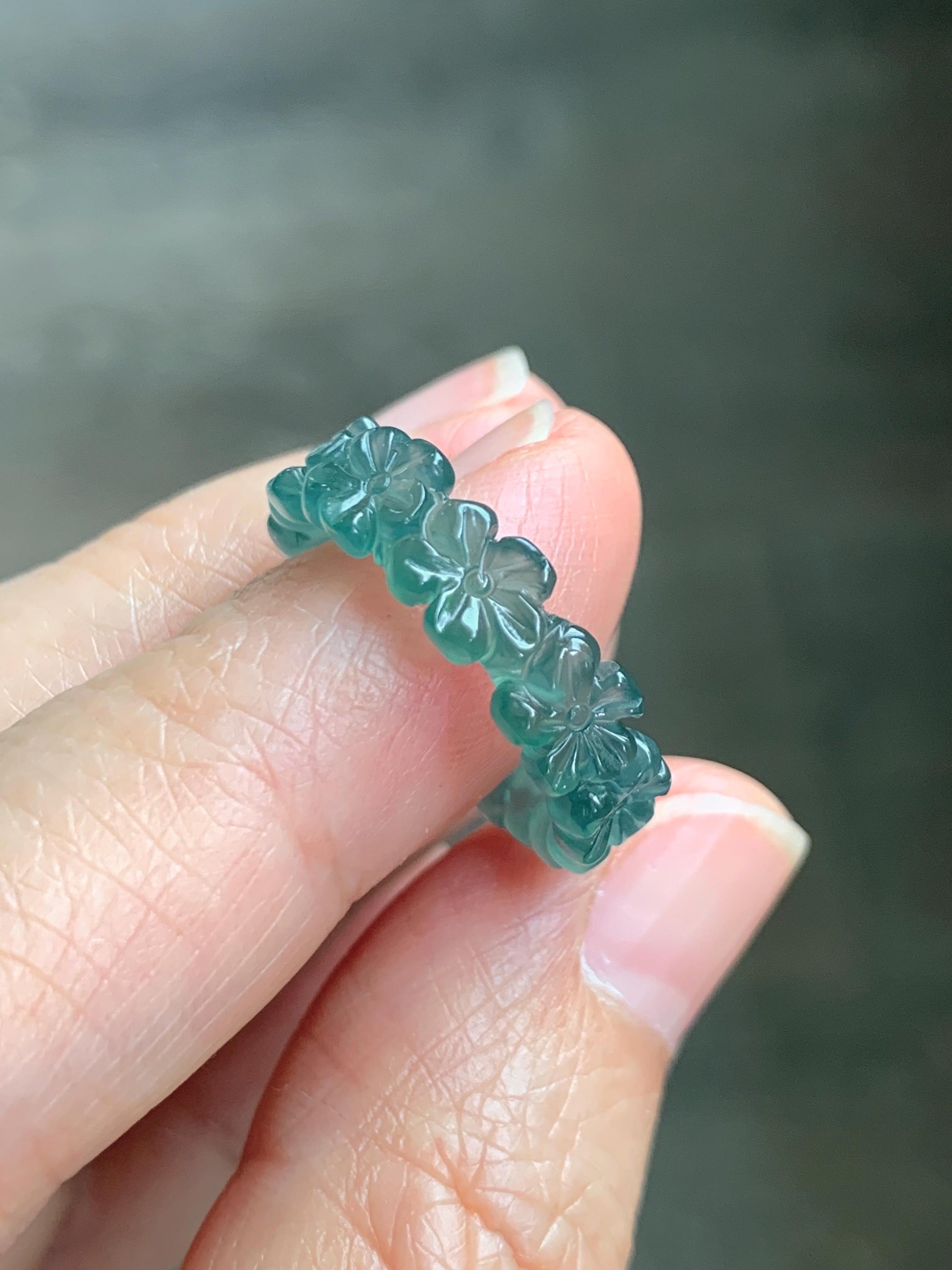 Grade A Natural Guatemalan Icy Translucent Dark Teal Green Jade Jadeite Carved Cherry Blossom Band Ring Size 5.5 US 天然冰胶危蓝绿翡翠梅花戒圈 WMH330C