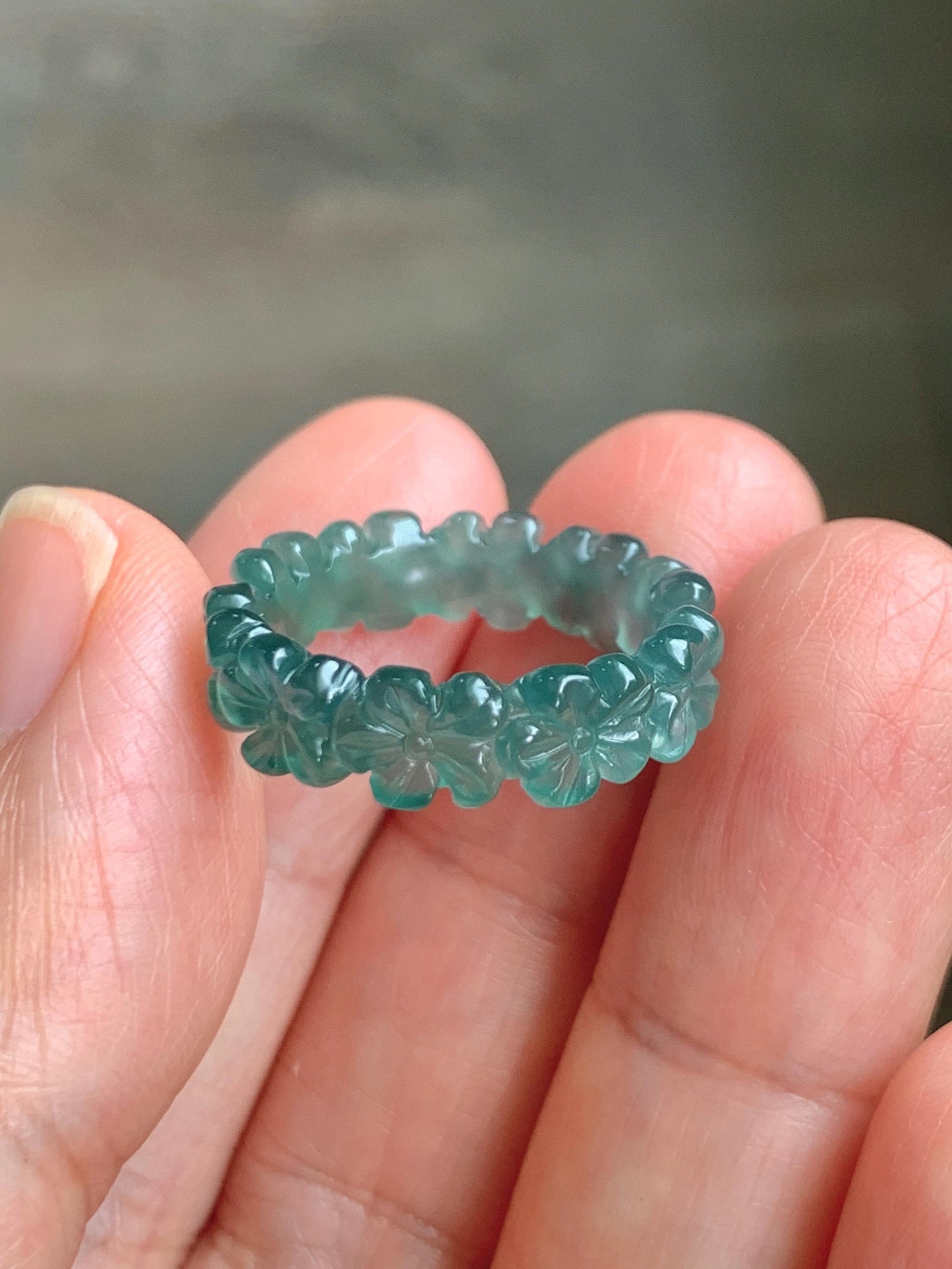 Grade A Natural Guatemalan Icy Translucent Dark Teal Green Jade Jadeite Carved Cherry Blossom Band Ring Size 5.5 US 天然冰胶危蓝绿翡翠梅花戒圈 WMH330C