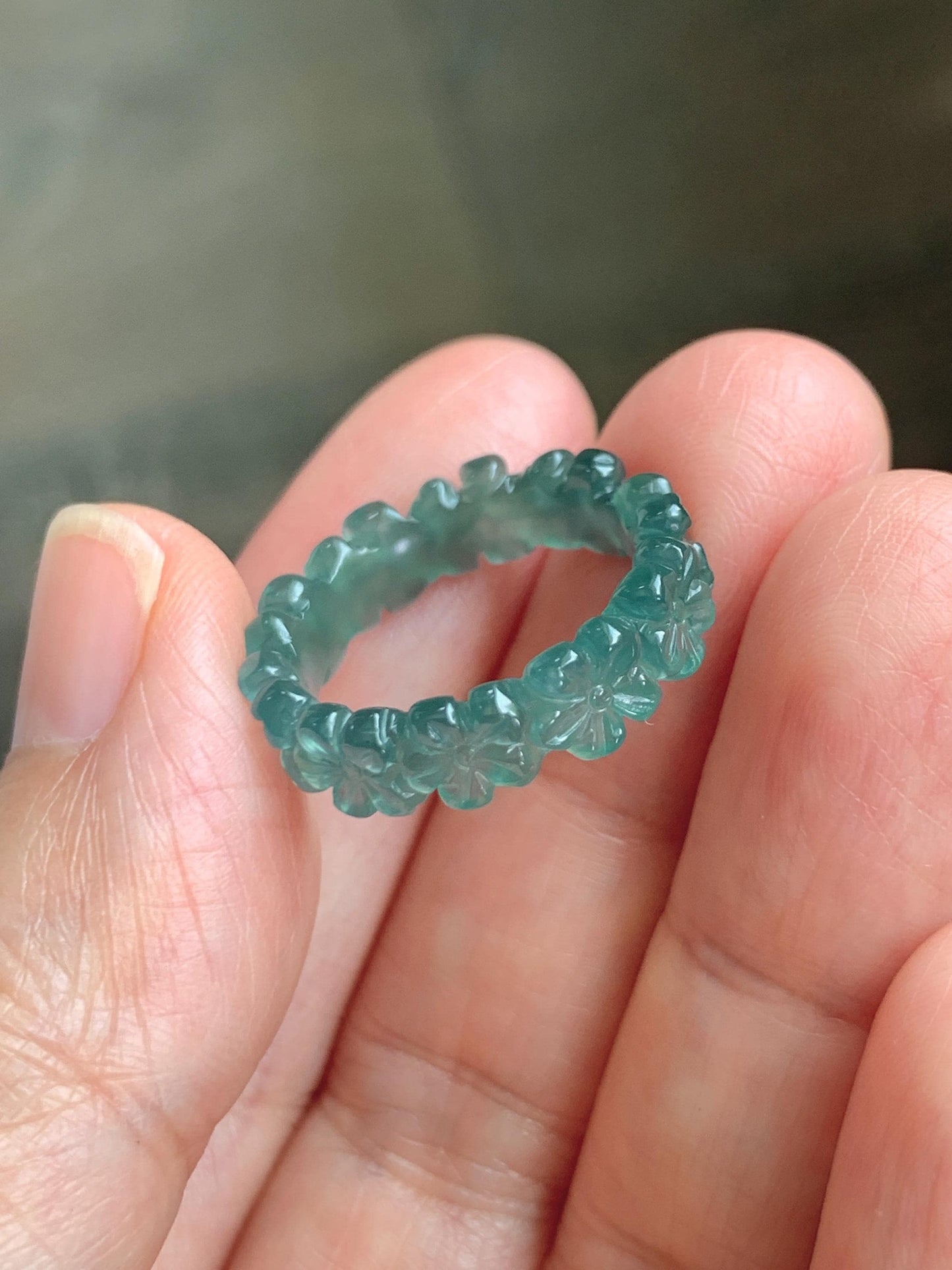 Grade A Natural Guatemalan Icy Translucent Dark Teal Green Jade Jadeite Carved Cherry Blossom Band Ring Size 5.5 US 天然冰胶危蓝绿翡翠梅花戒圈 WMH330C