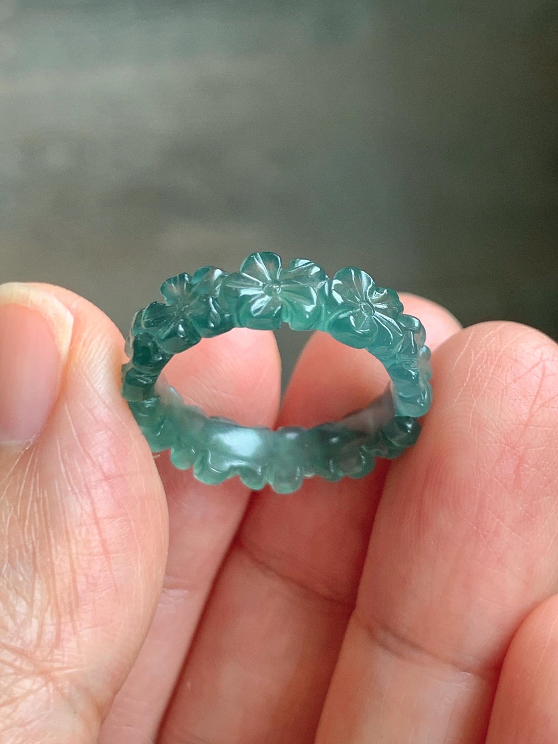 Grade A Natural Guatemalan Icy Translucent Dark Teal Green Jade Jadeite Carved Cherry Blossom Band Ring Size 5.5 US 天然冰胶危蓝绿翡翠梅花戒圈 WMH330C