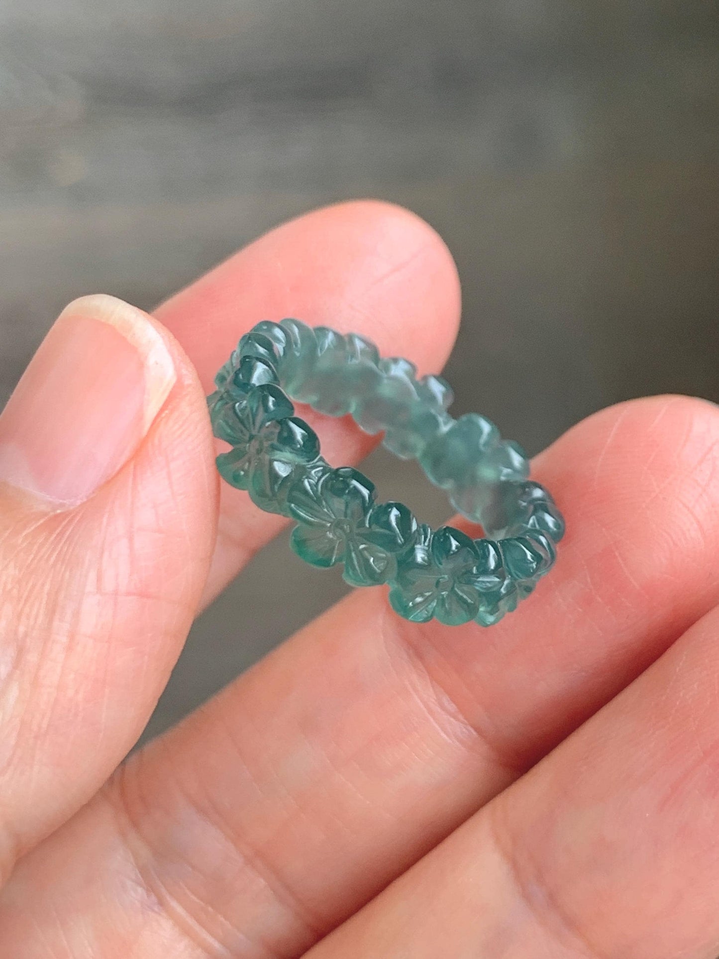 Grade A Natural Guatemalan Icy Translucent Dark Teal Green Jade Jadeite Carved Cherry Blossom Band Ring Size 5.5 US 天然冰胶危蓝绿翡翠梅花戒圈 WMH330C
