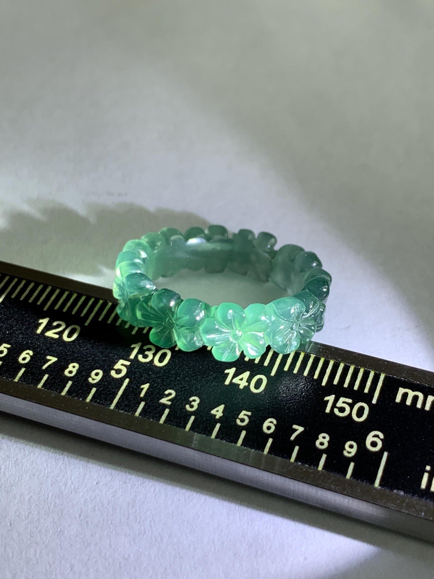 Grade A Natural Guatemalan Icy Translucent Dark Teal Green Jade Jadeite Carved Cherry Blossom Band Ring Size 5.5 US 天然冰胶危蓝绿翡翠梅花戒圈 WMH330C
