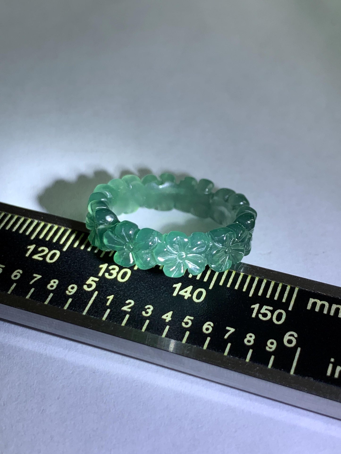 Grade A Natural Guatemalan Icy Translucent Dark Teal Green Jade Jadeite Carved Cherry Blossom Band Ring Size 5.5 US 天然冰胶危蓝绿翡翠梅花戒圈 WMH330C