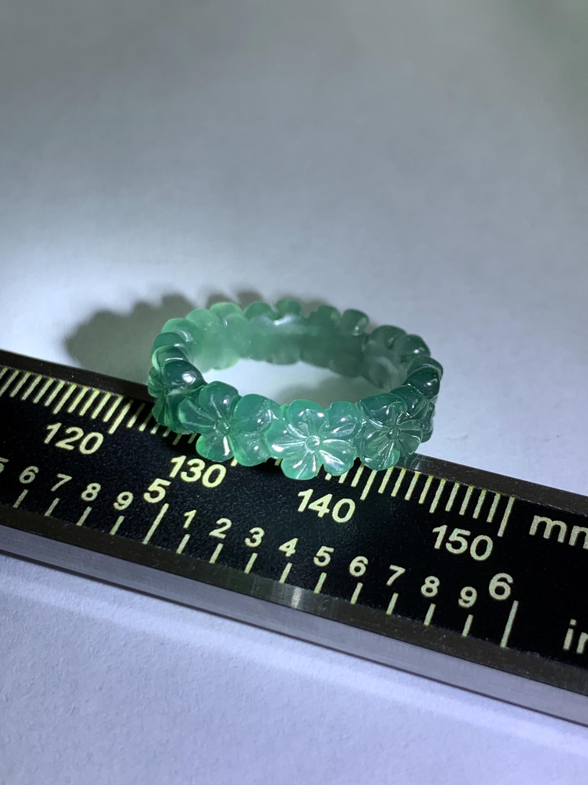 Grade A Natural Guatemalan Icy Translucent Dark Teal Green Jade Jadeite Carved Cherry Blossom Band Ring Size 5.5 US 天然冰胶危蓝绿翡翠梅花戒圈 WMH330C