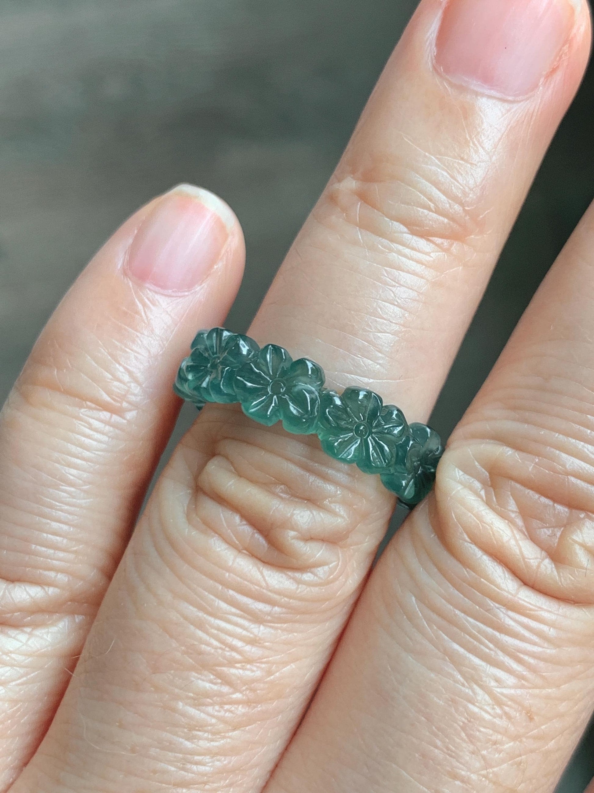 Grade A Natural Guatemalan Icy Translucent Dark Teal Green Jade Jadeite Carved Cherry Blossom Band Ring Size 5.5 US 天然冰胶危蓝绿翡翠梅花戒圈 WMH330C