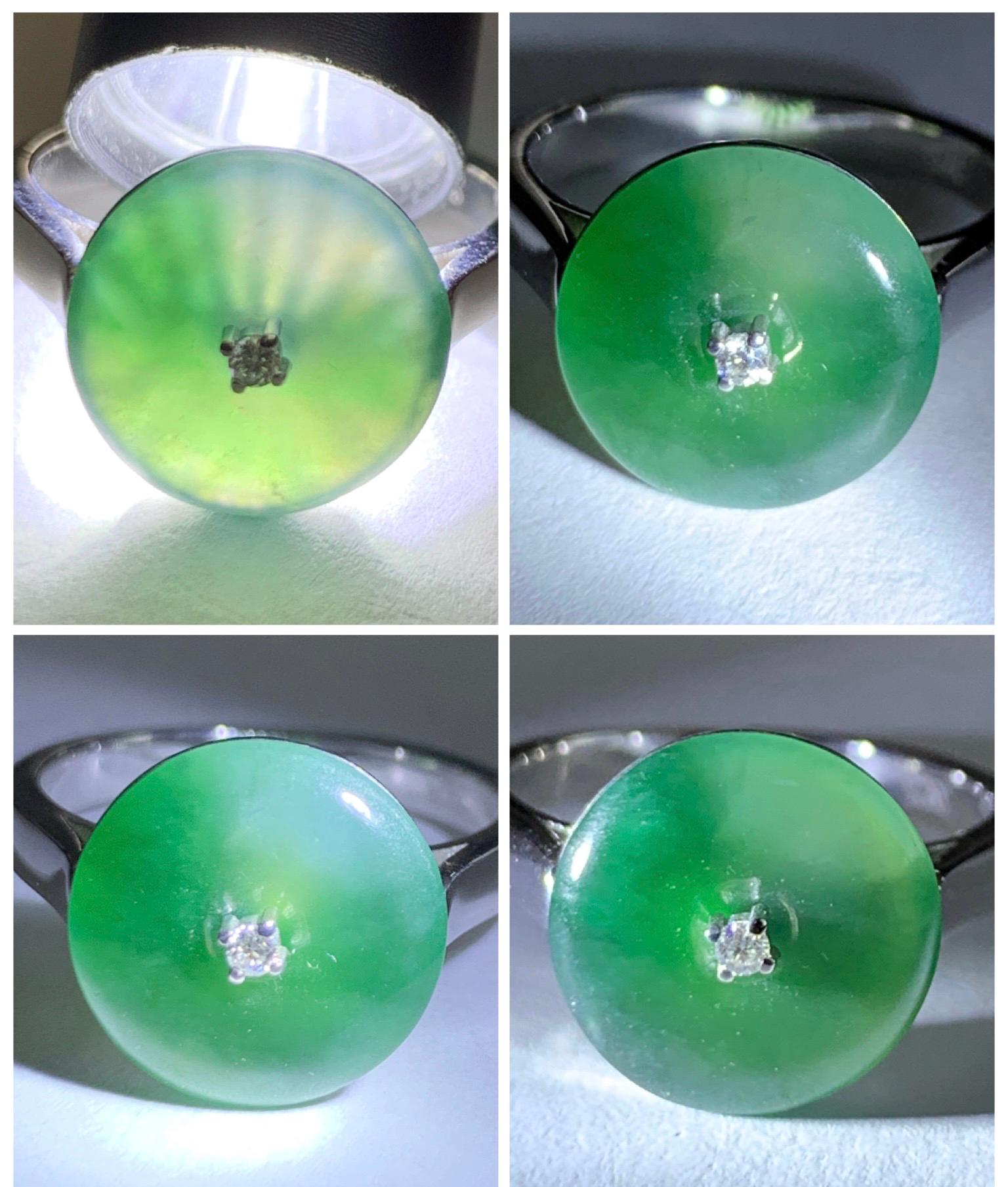 Certified Natural Grade A Icy Translucent Green Marbled Jade Jadeite Donut Ping An Kou Ring Sterling Silver Size 7 US 4g 天然冰飘绿翡翠平安扣银镶戒指 238