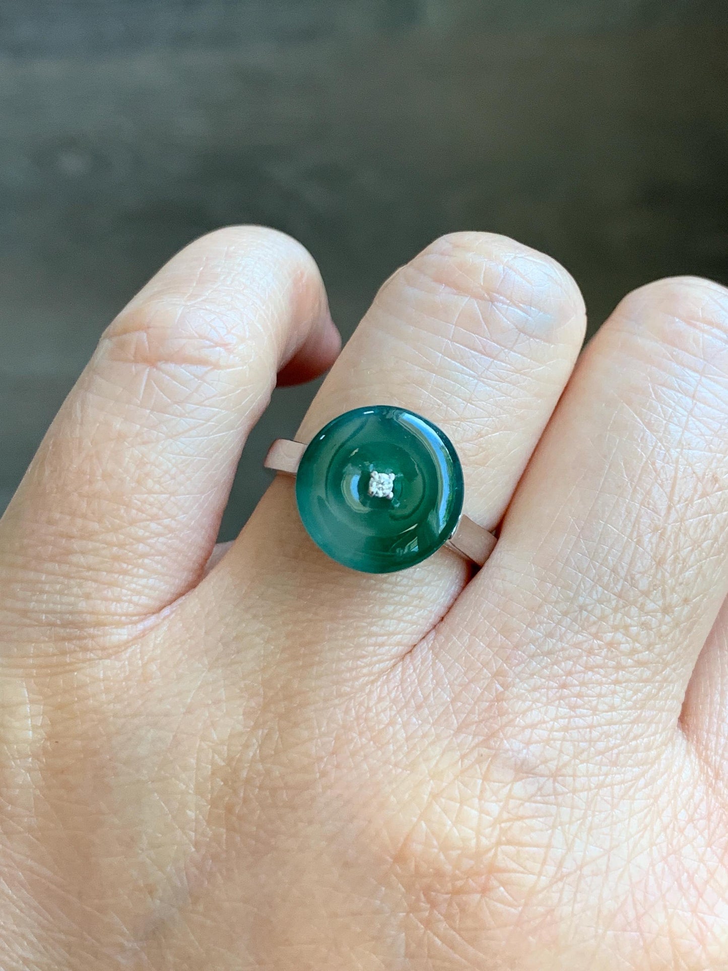 Certified Natural Grade A Icy Translucent Green Marbled Jade Jadeite Donut Ping An Kou Ring Sterling Silver Size 7 US 4g 天然冰飘绿翡翠平安扣银镶戒指 238