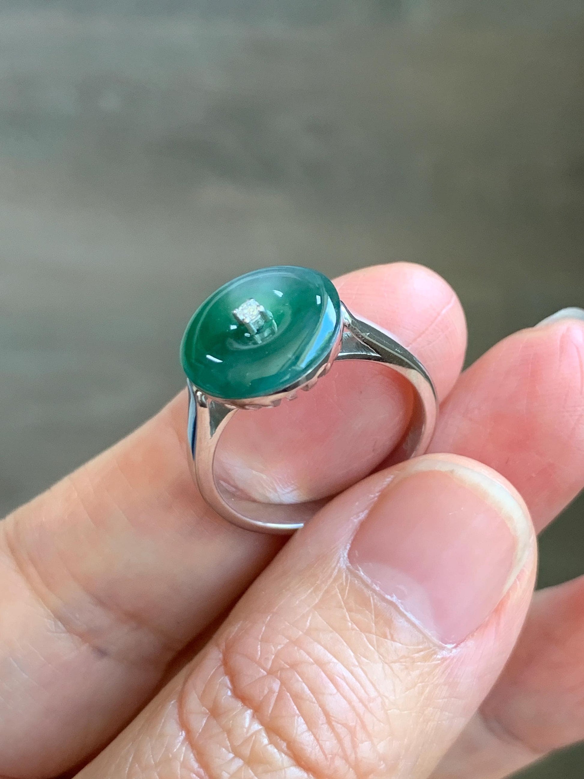 Certified Natural Grade A Icy Translucent Green Marbled Jade Jadeite Donut Ping An Kou Ring Sterling Silver Size 7 US 4g 天然冰飘绿翡翠平安扣银镶戒指 238