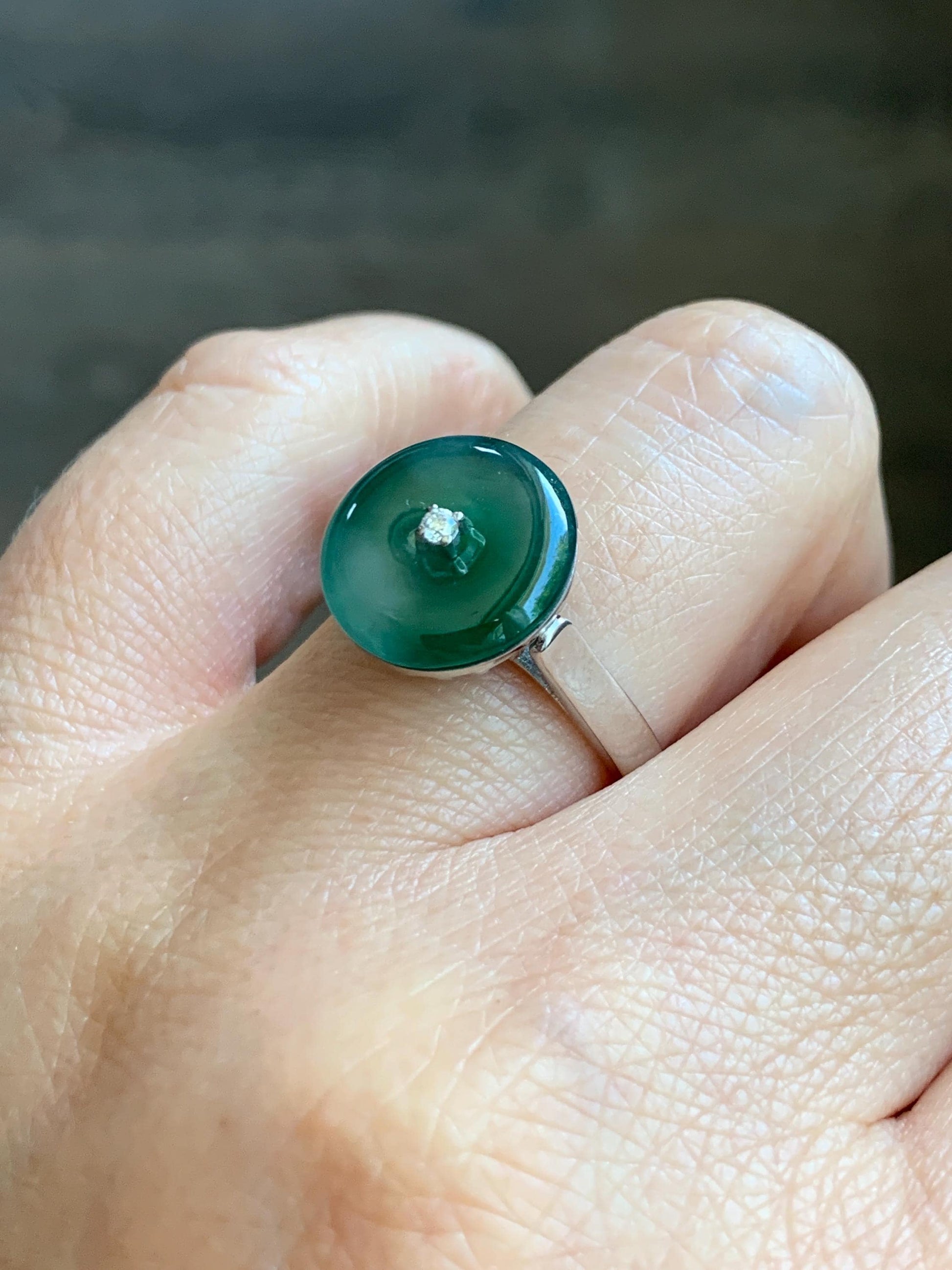 Certified Natural Grade A Icy Translucent Green Marbled Jade Jadeite Donut Ping An Kou Ring Sterling Silver Size 7 US 4g 天然冰飘绿翡翠平安扣银镶戒指 238