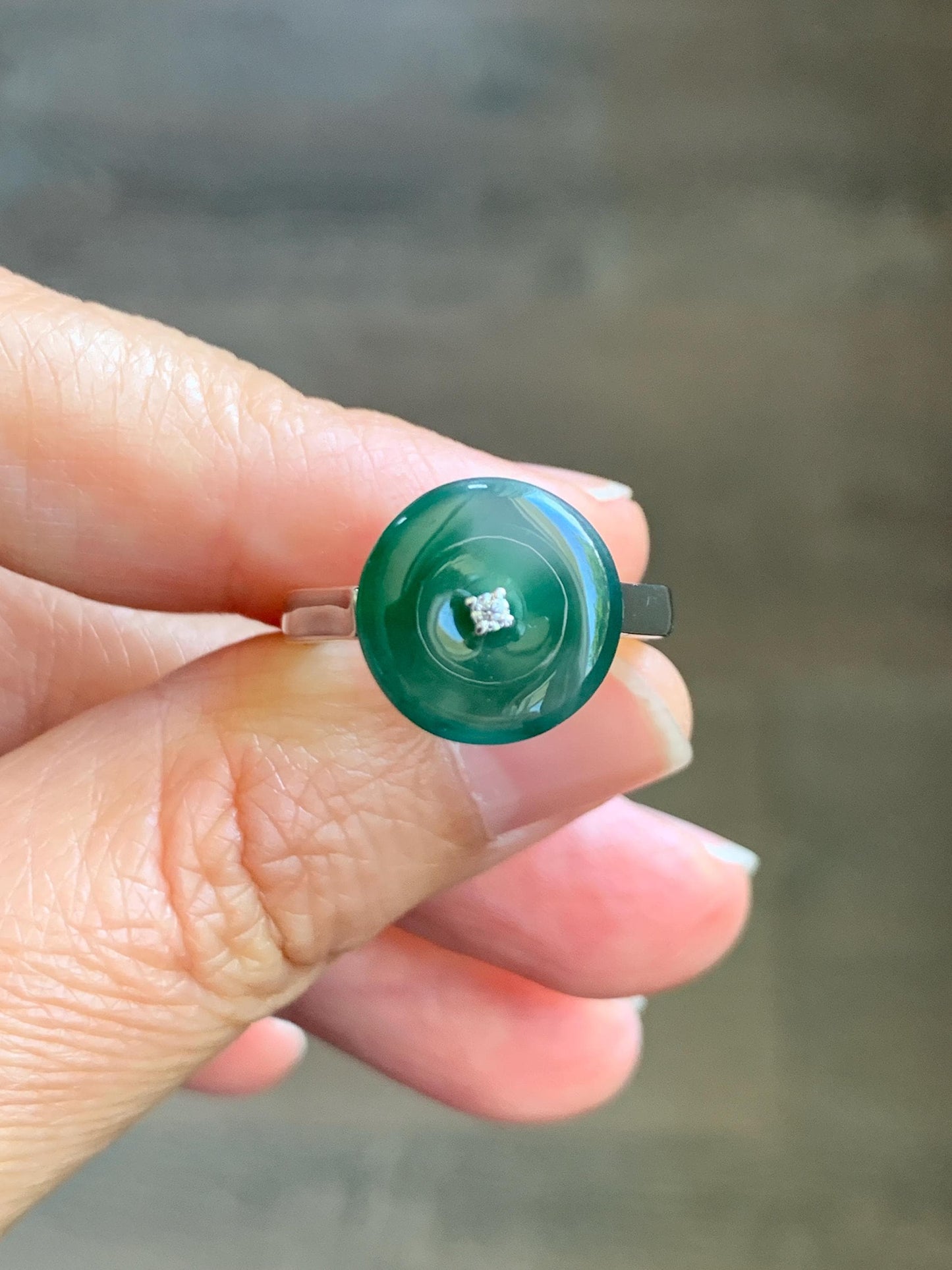 Certified Natural Grade A Icy Translucent Green Marbled Jade Jadeite Donut Ping An Kou Ring Sterling Silver Size 7 US 4g 天然冰飘绿翡翠平安扣银镶戒指 238