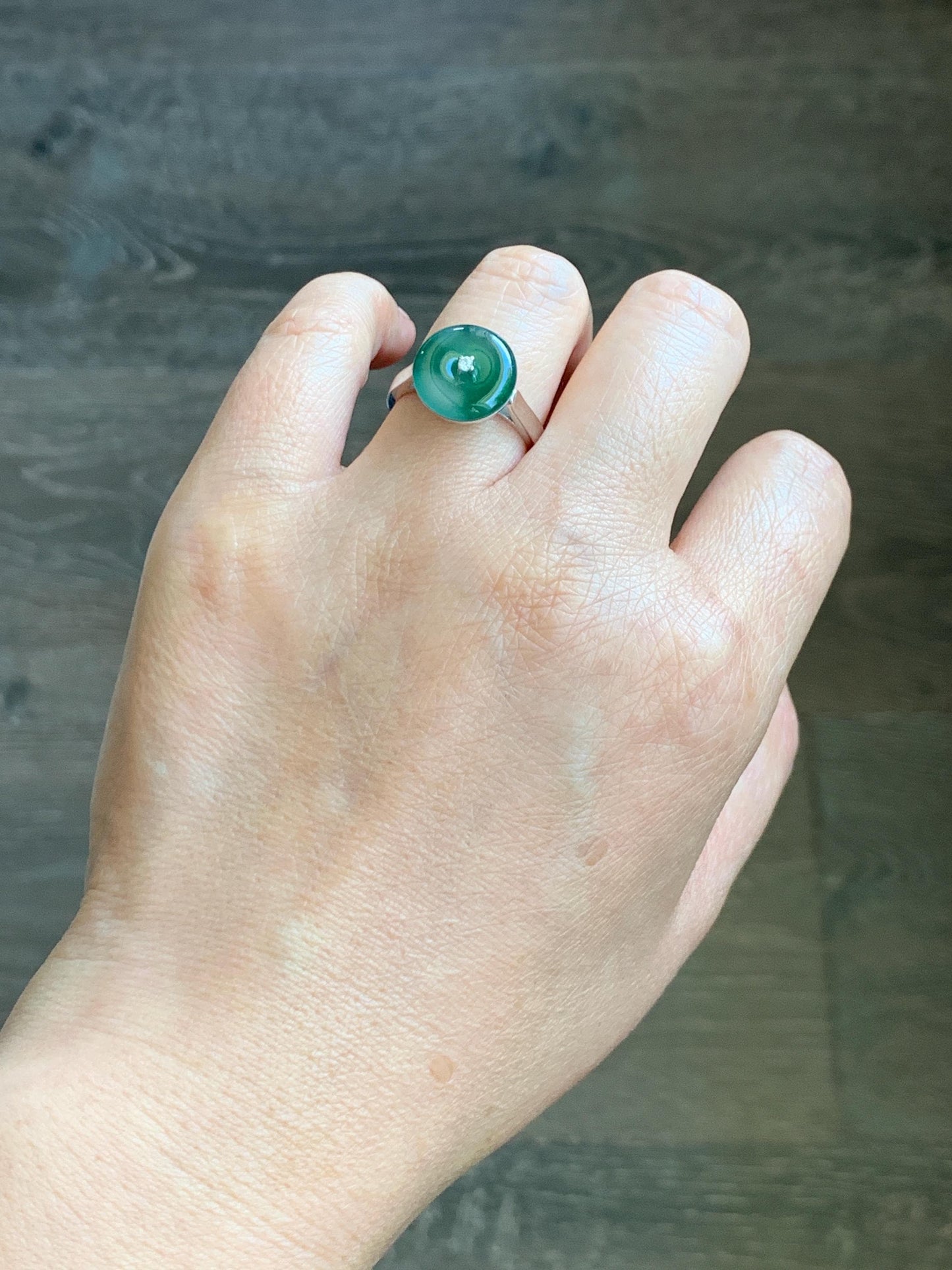 Certified Natural Grade A Icy Translucent Green Marbled Jade Jadeite Donut Ping An Kou Ring Sterling Silver Size 7 US 4g 天然冰飘绿翡翠平安扣银镶戒指 238