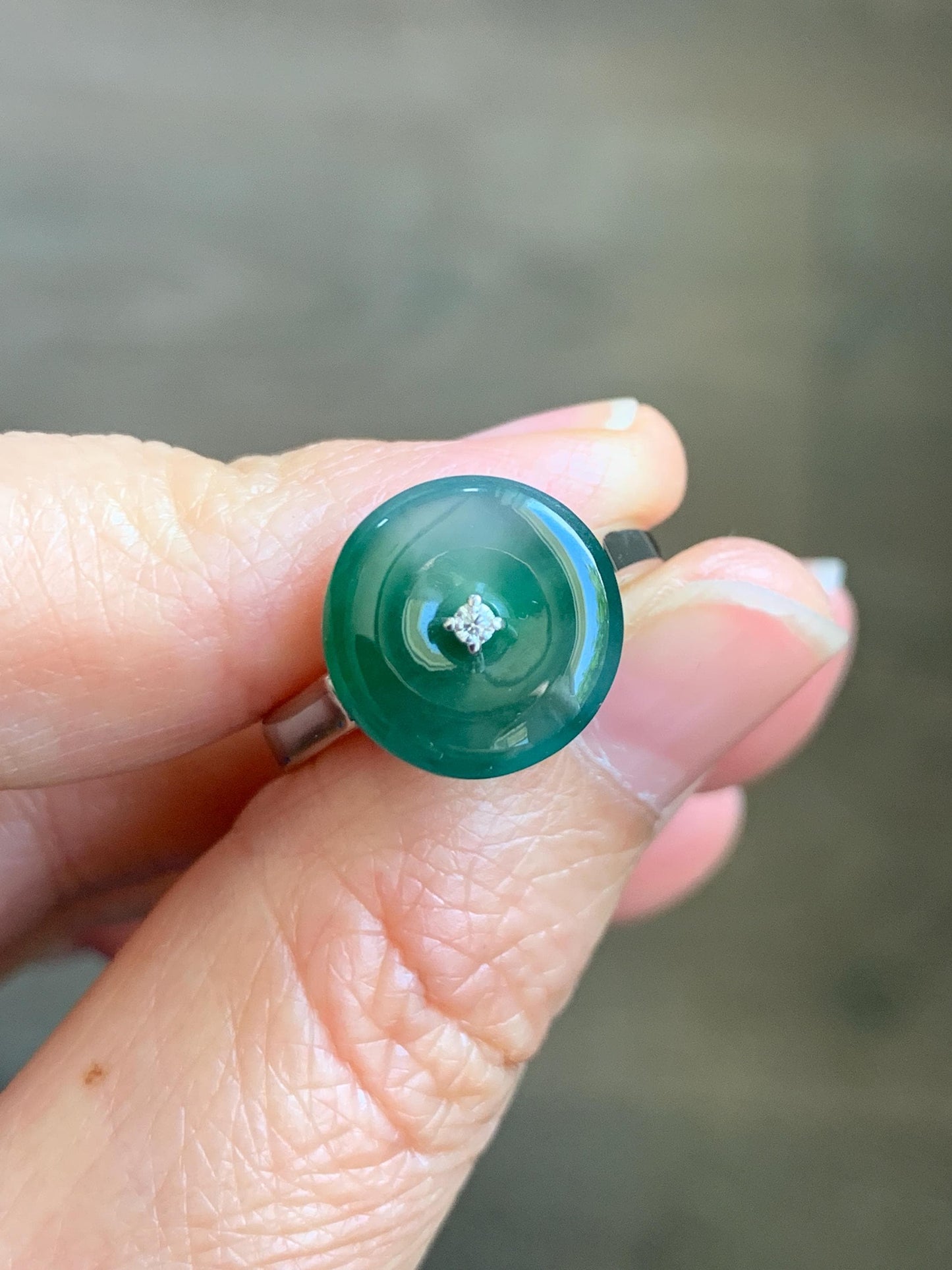 Certified Natural Grade A Icy Translucent Green Marbled Jade Jadeite Donut Ping An Kou Ring Sterling Silver Size 7 US 4g 天然冰飘绿翡翠平安扣银镶戒指 238