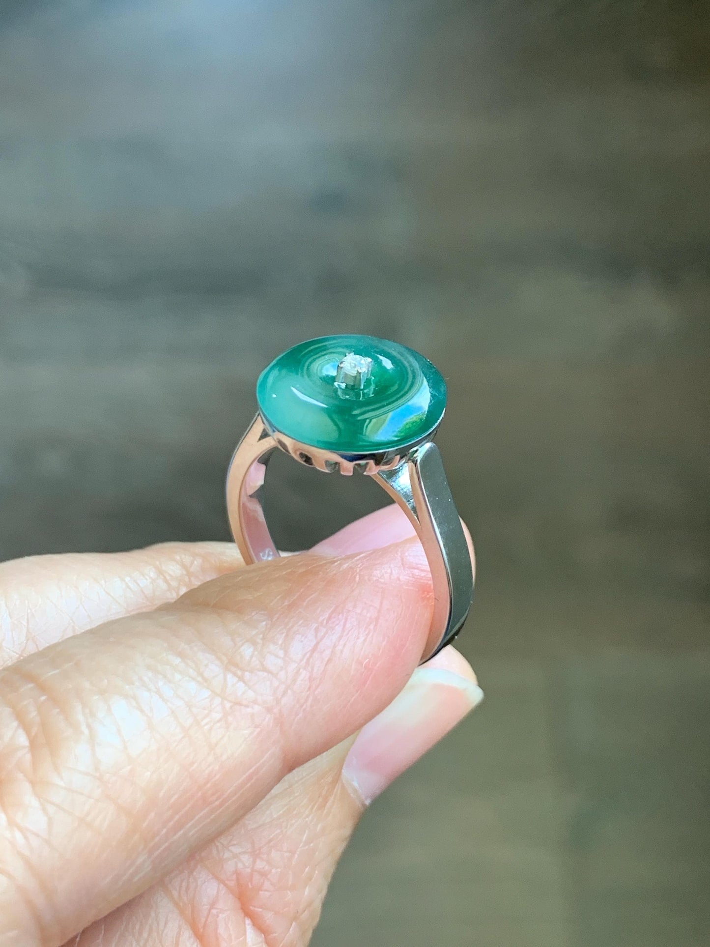 Certified Natural Grade A Icy Translucent Green Marbled Jade Jadeite Donut Ping An Kou Ring Sterling Silver Size 7 US 4g 天然冰飘绿翡翠平安扣银镶戒指 238